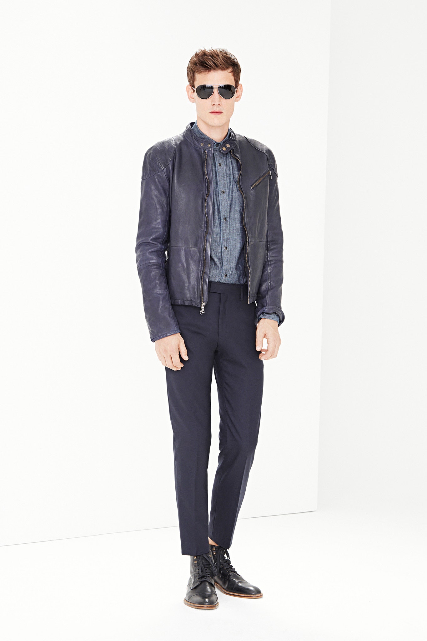 blue leather long-sleeve collared fitted zippered jacket
