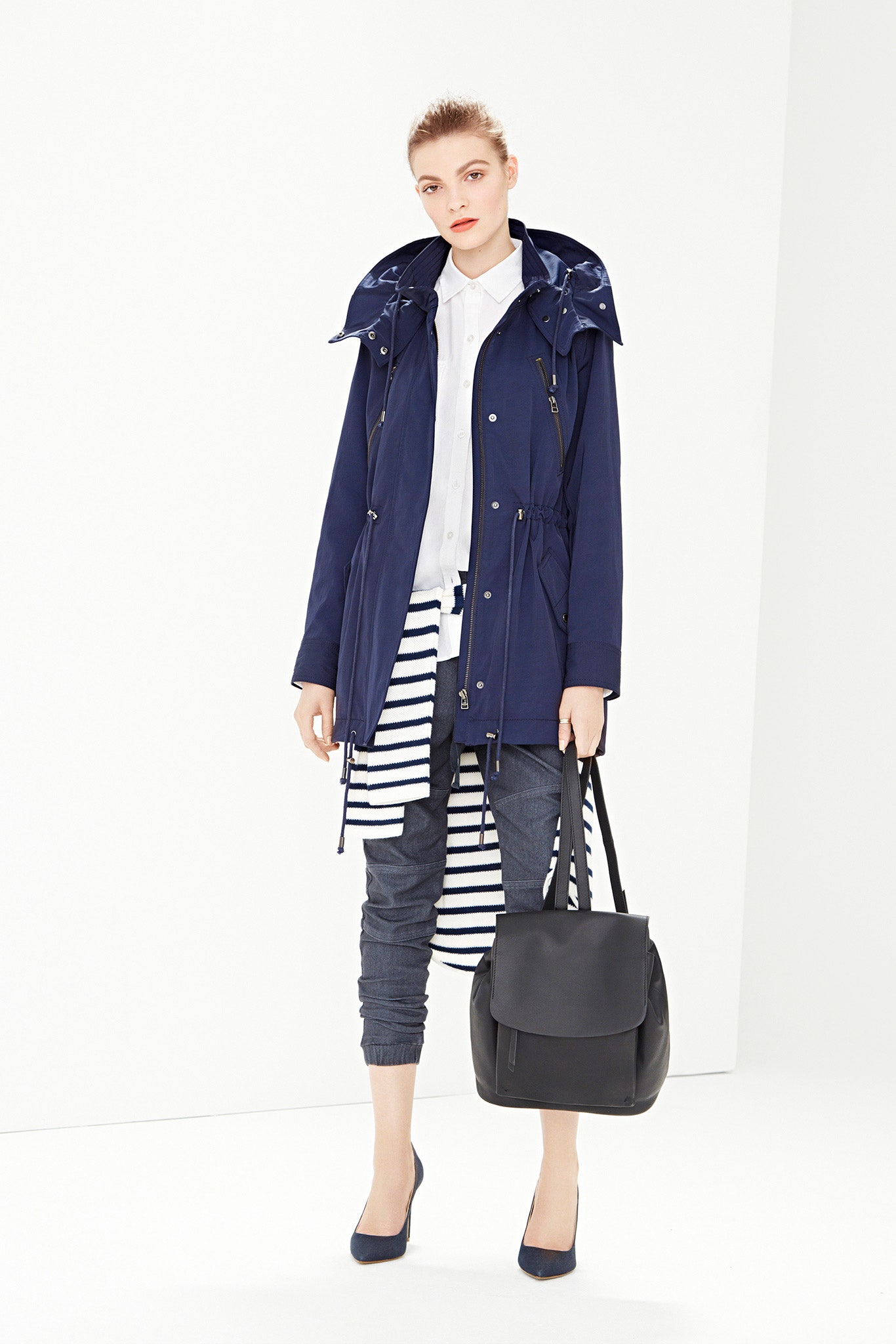 blue jacket with white shirt