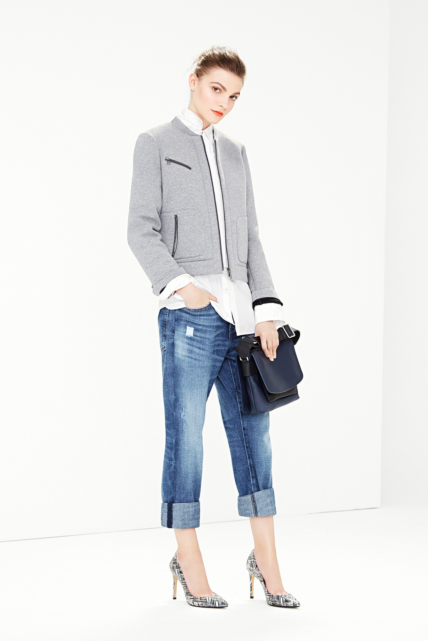 gray cotton long-sleeve collared tailored zippered pockets jacket