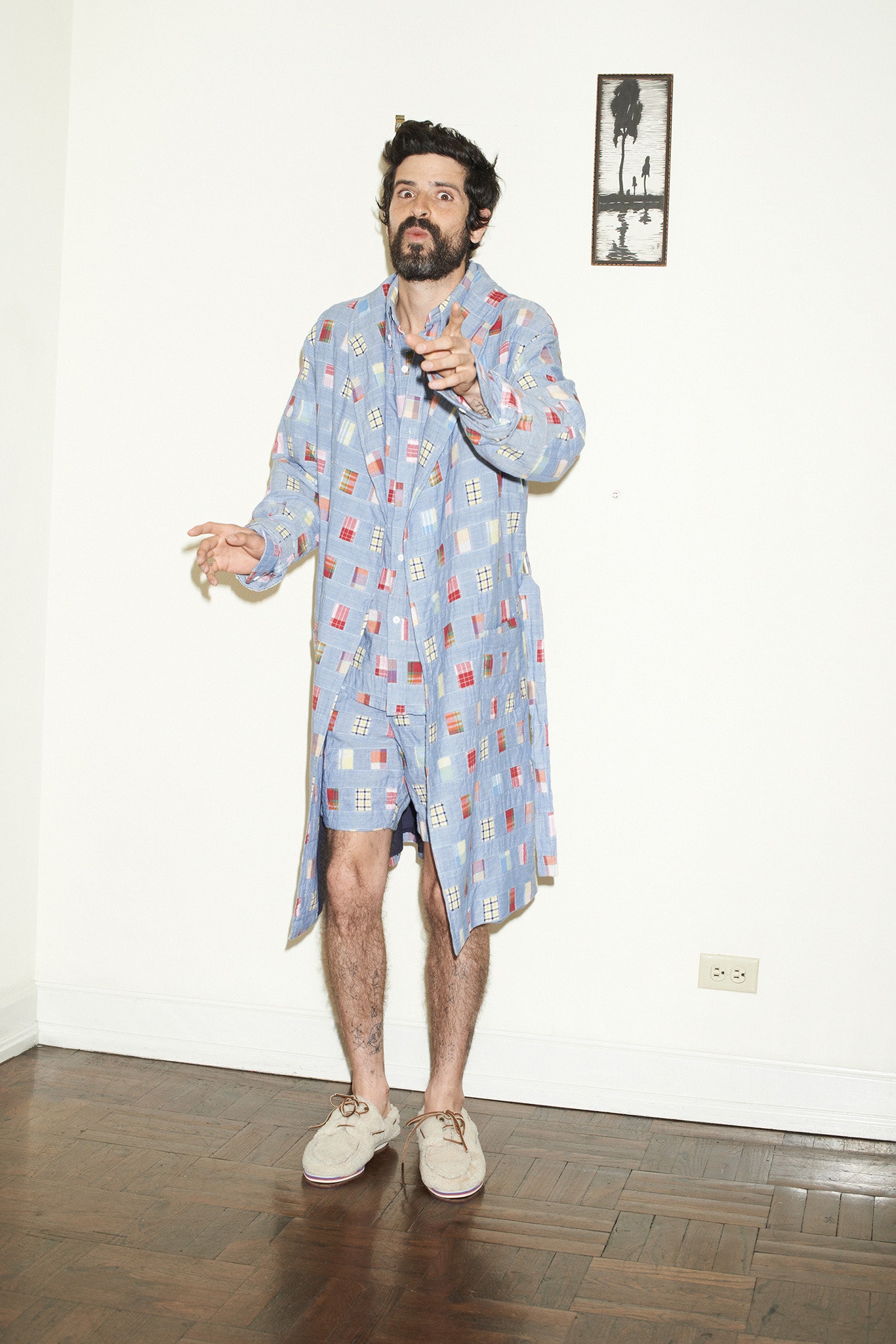 blue printed coat and shorts
