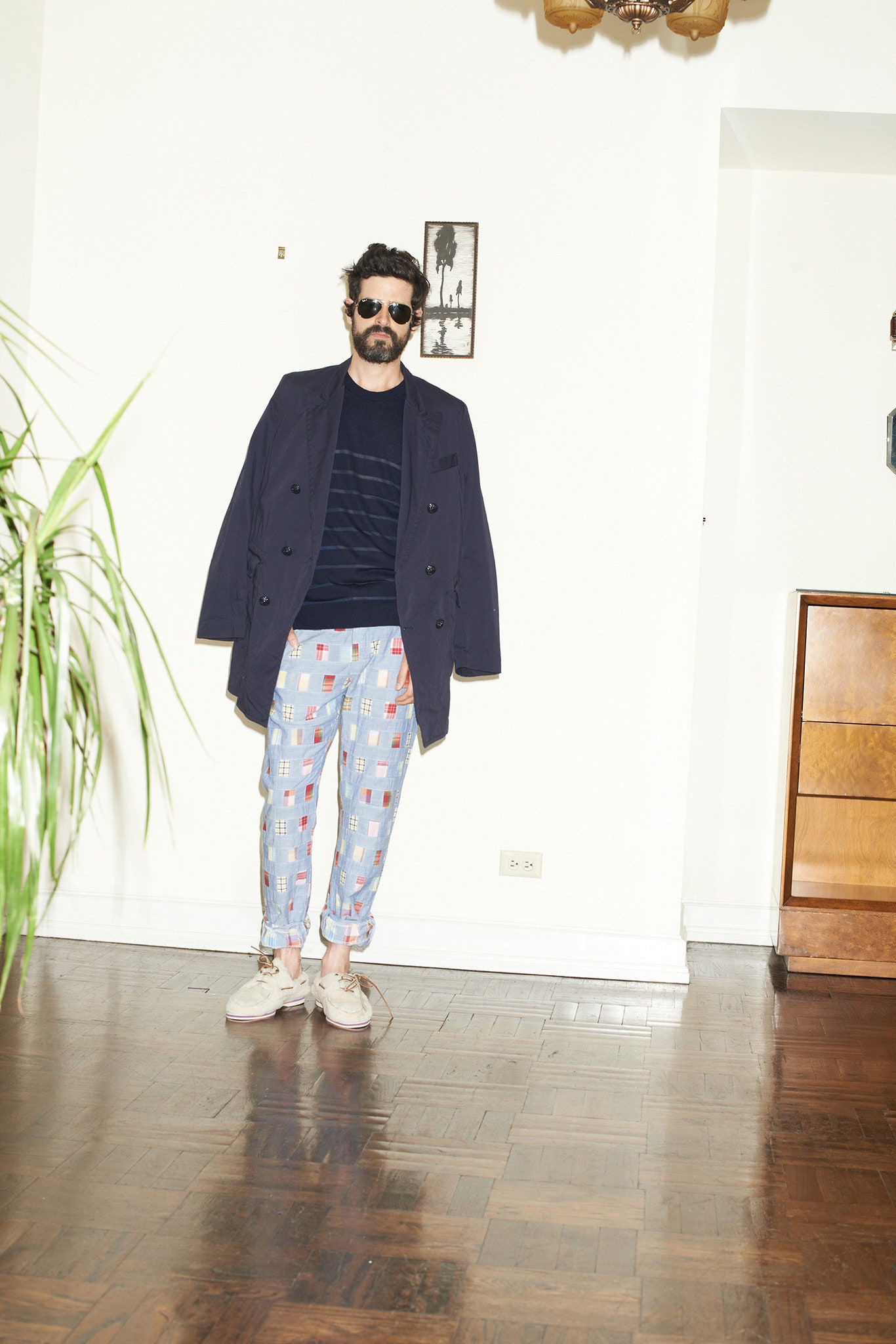 navy coat with printed pants