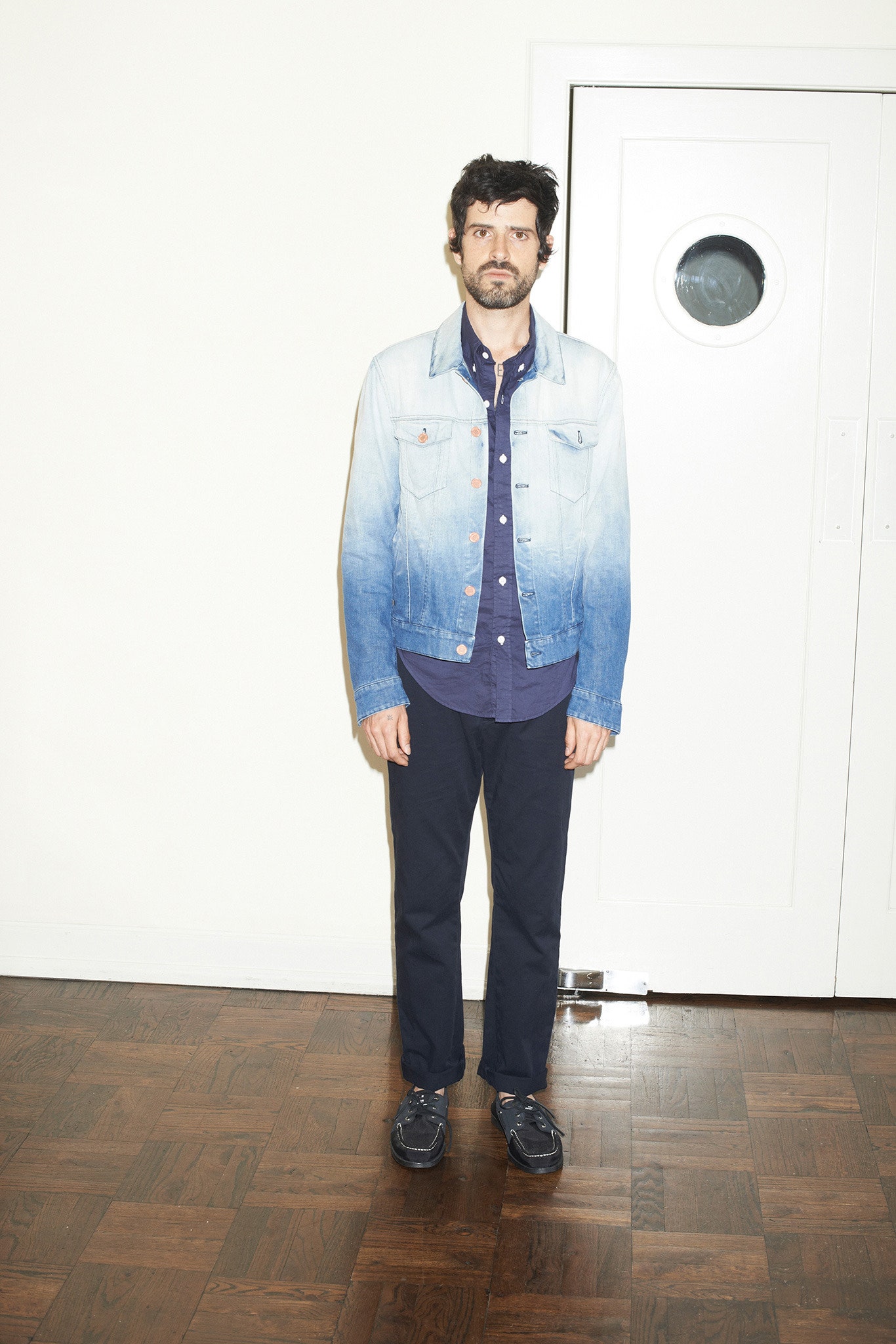 blue denim jacket with navy shirt