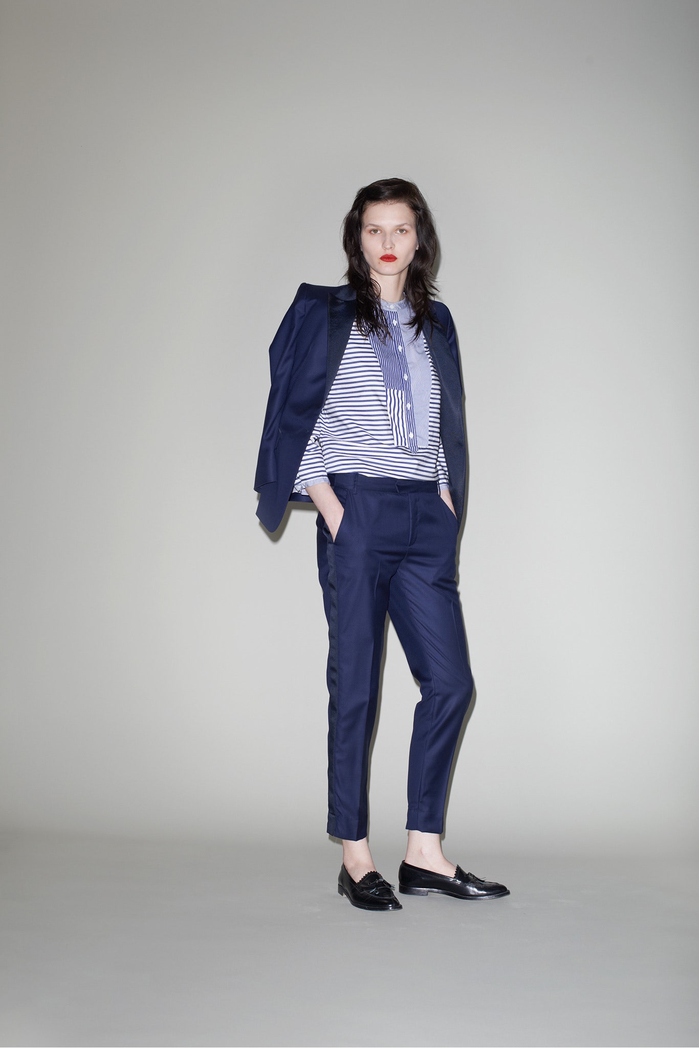 navy tailored blazer with striped shirt