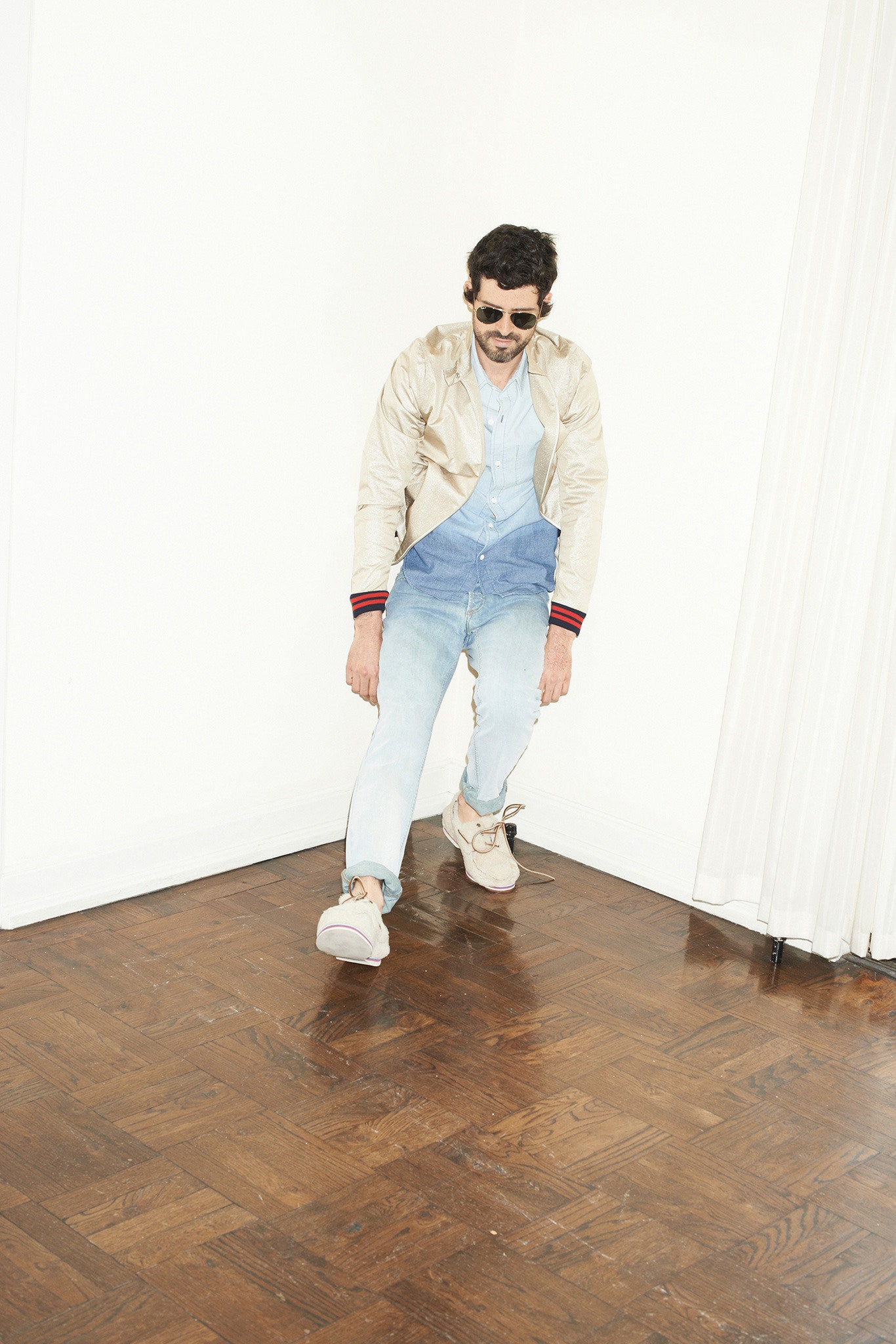 beige jacket with denim shirt