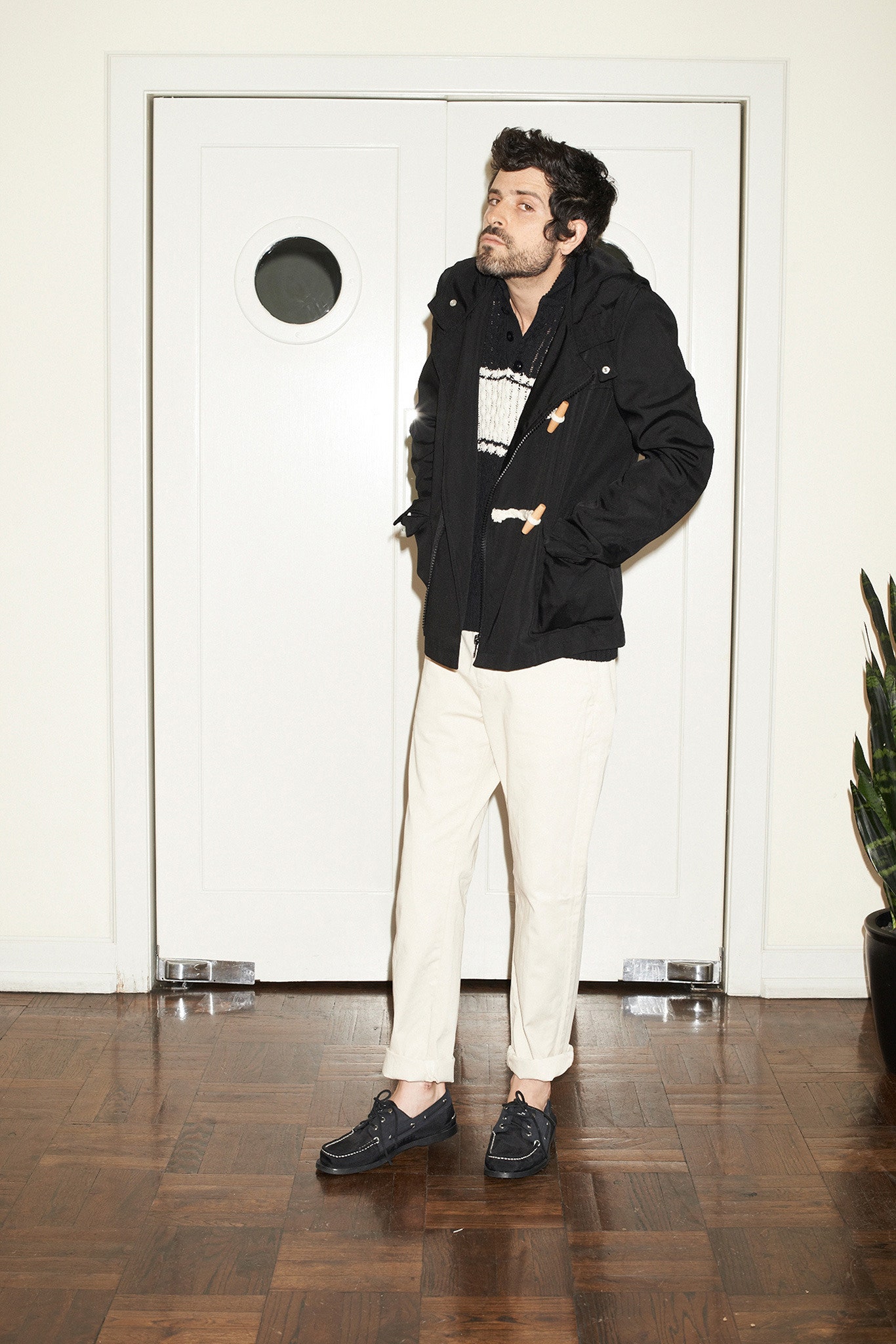 black relaxed jacket with white shirt