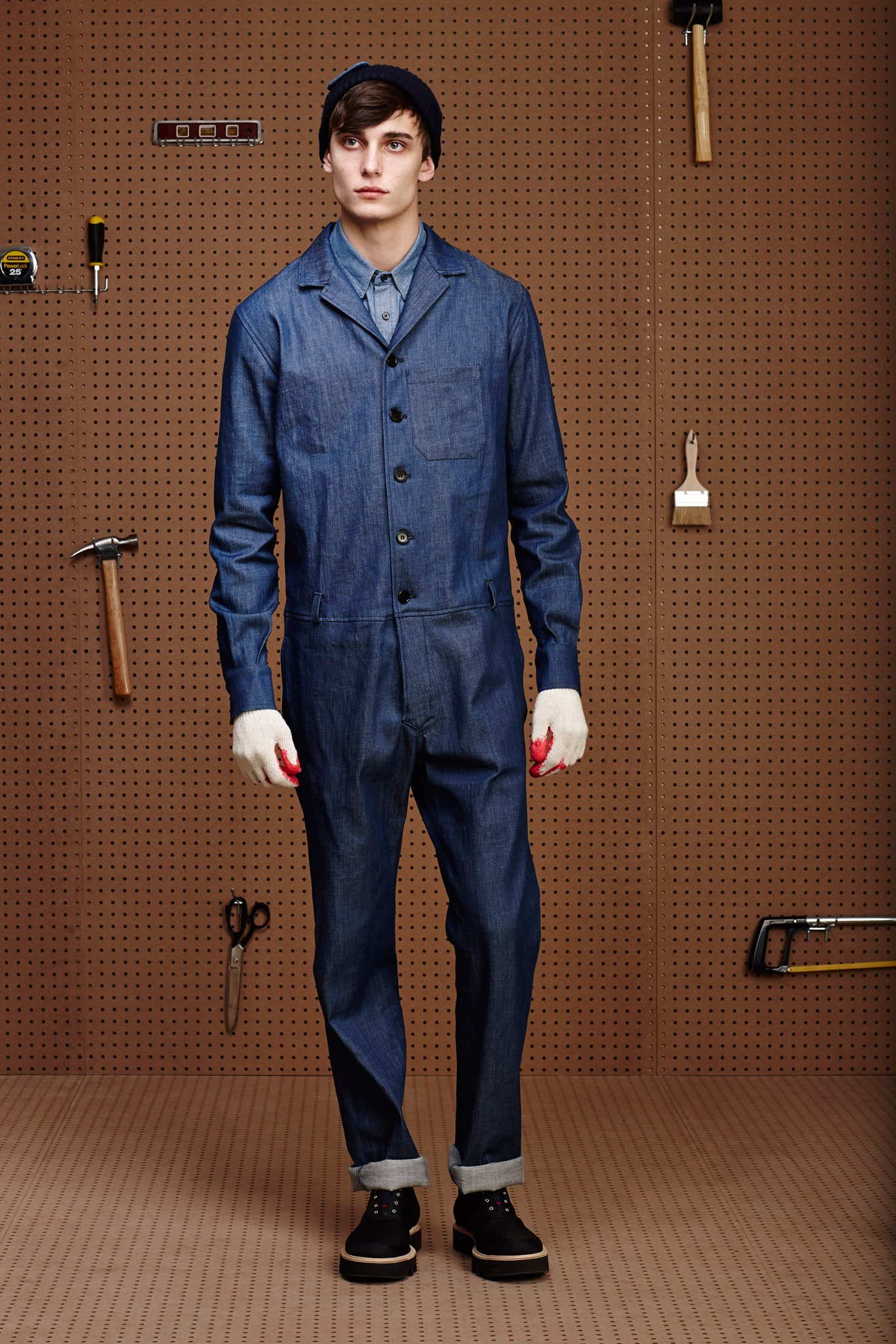 blue denim fitted jumpsuit