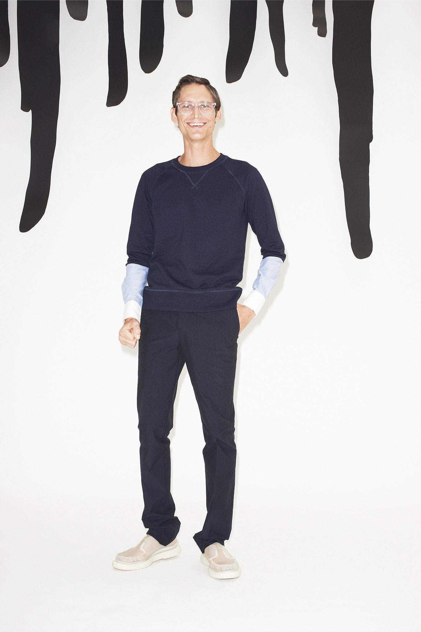 blue cotton long-sleeve collared relaxed layered sweater