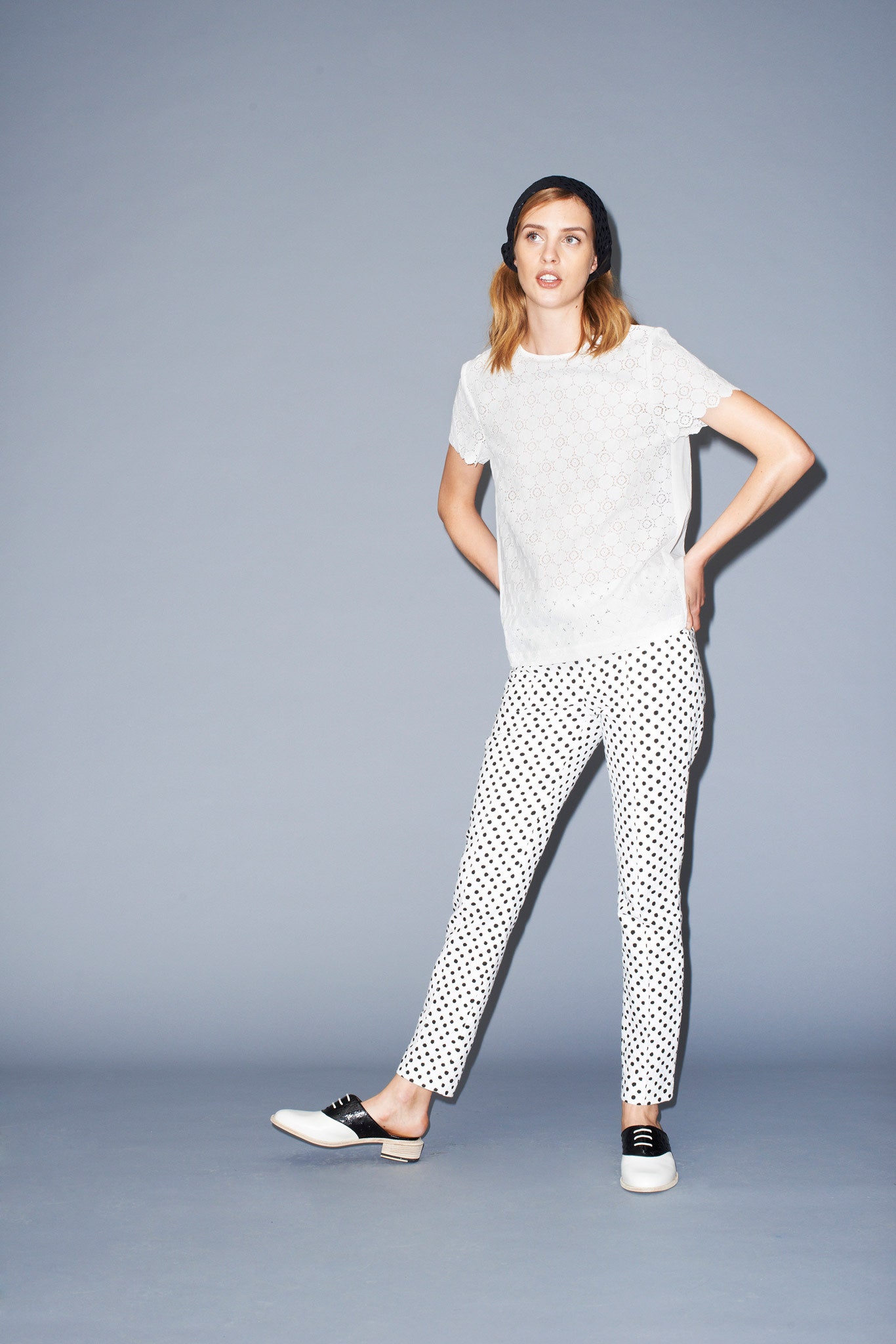 white lace top with polka-dot pants