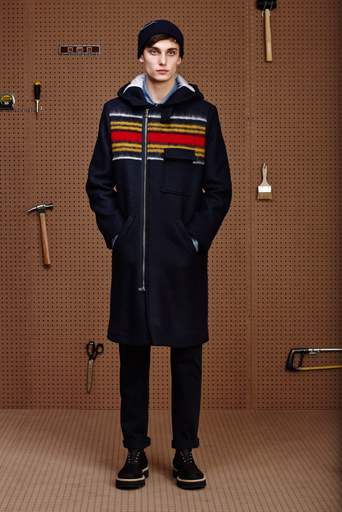 black wool coat with stripes