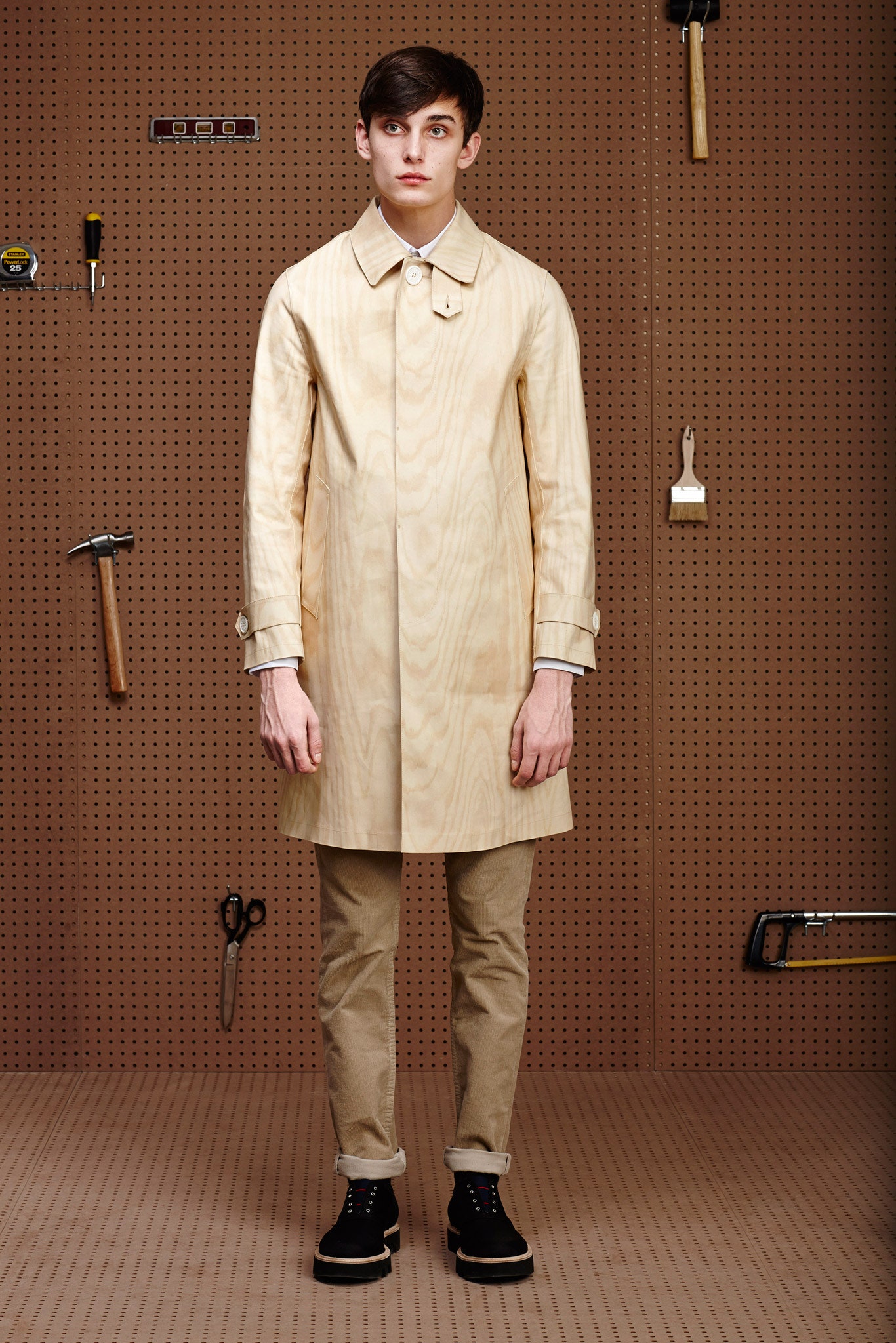 beige cotton coat with slim pants