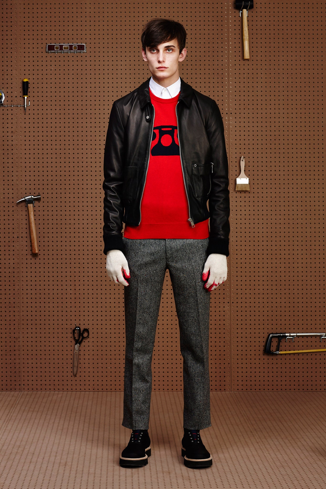 black leather jacket red sweater