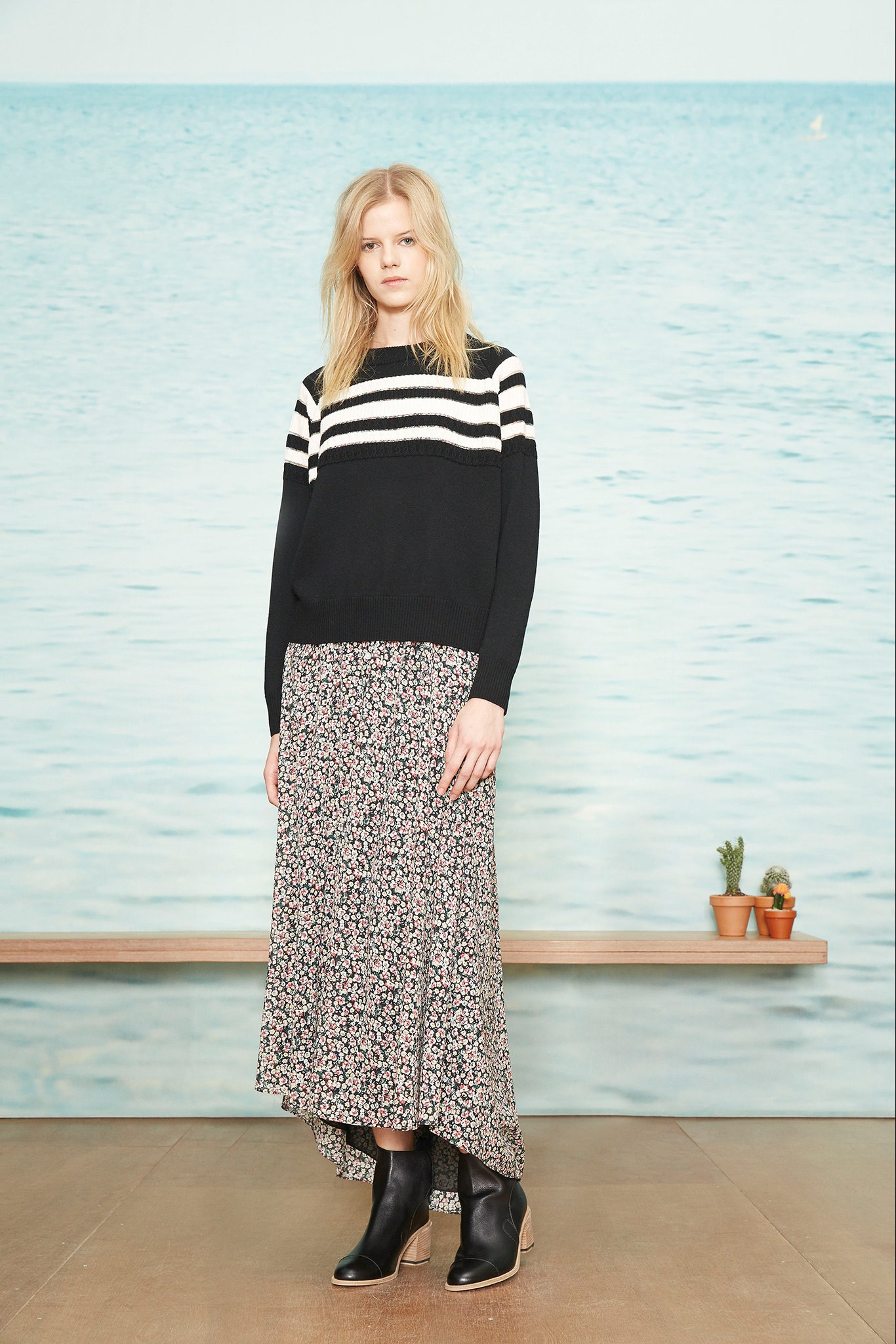 black and white striped sweater with floral skirt