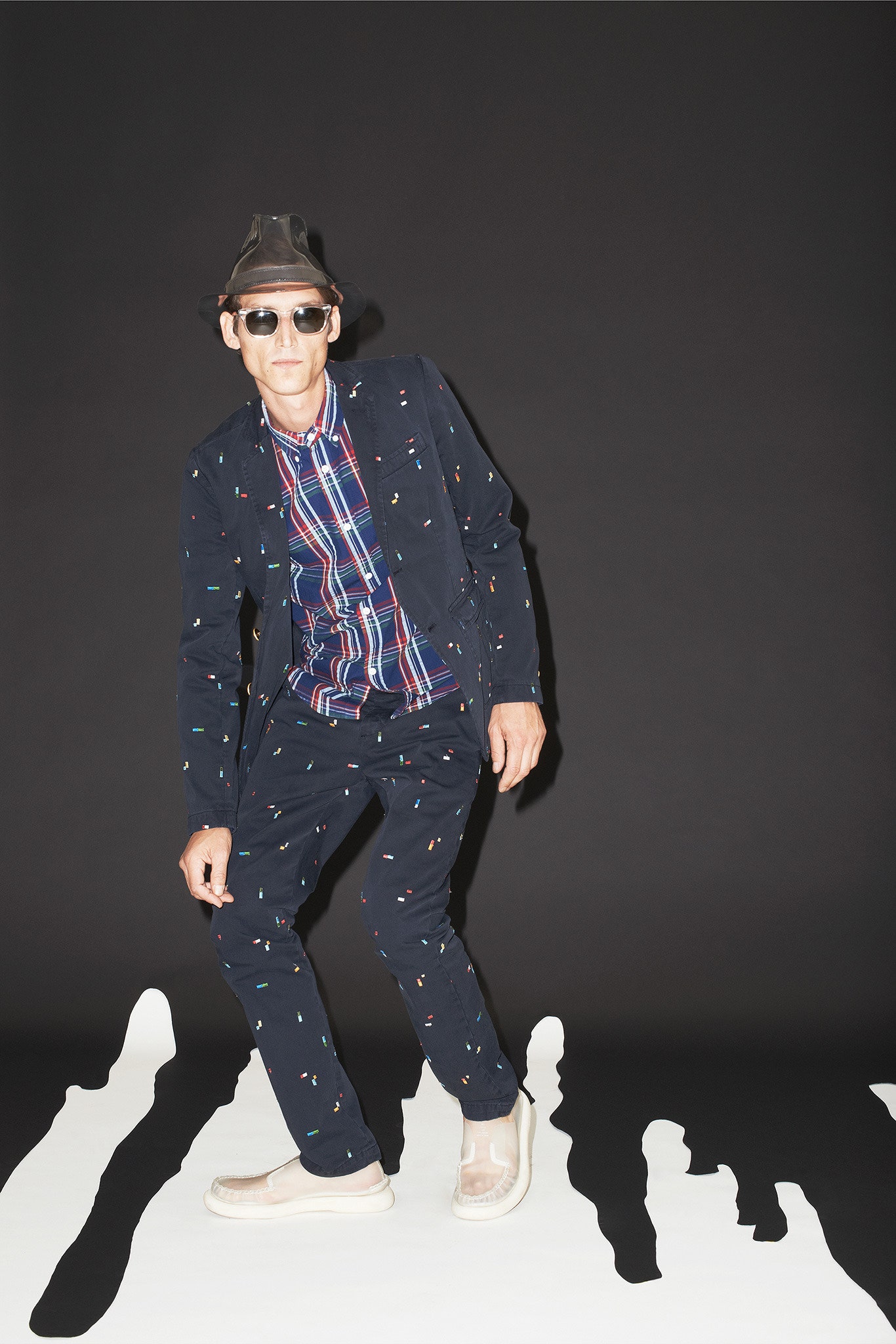 blue multi jacket with checked shirt