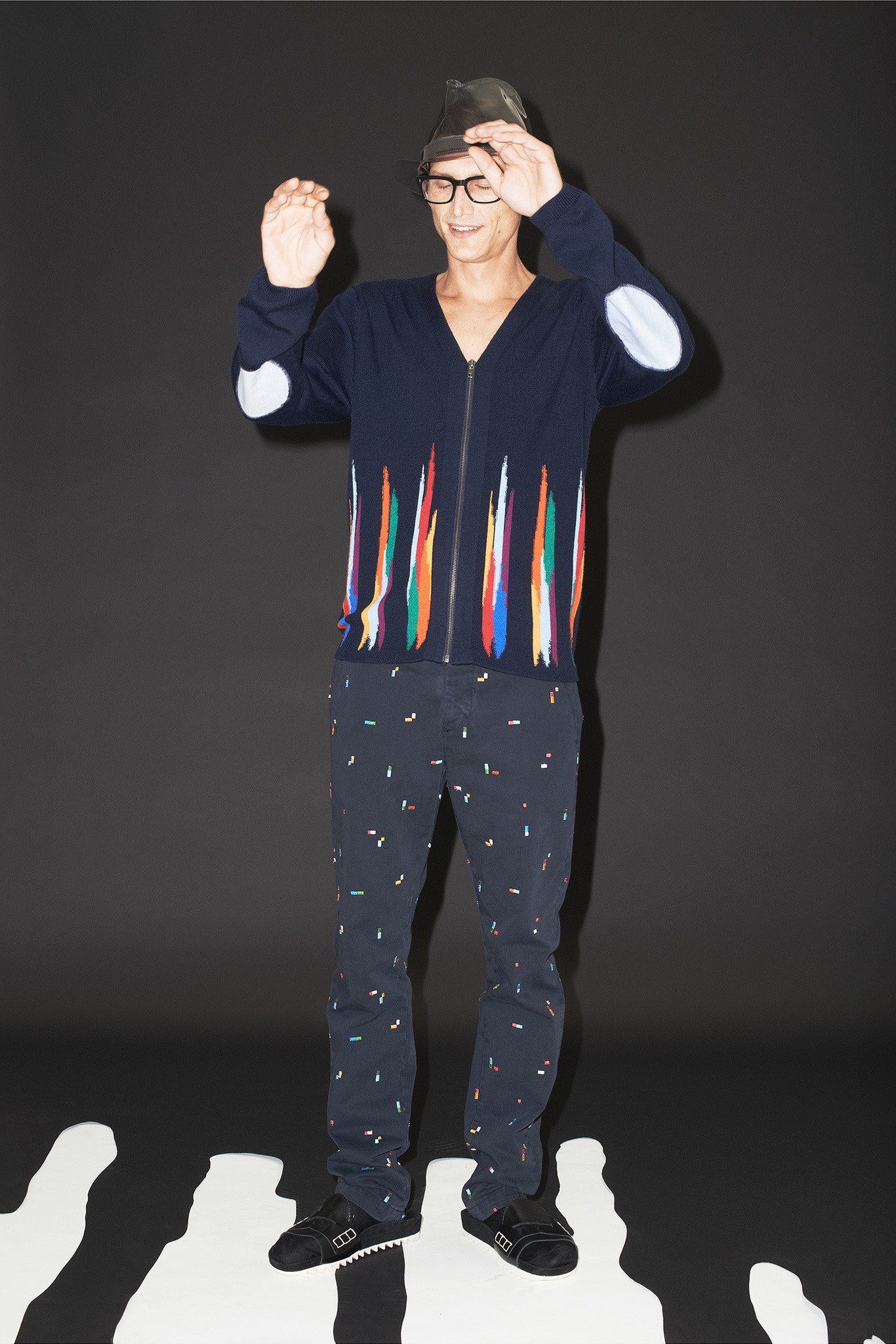 blue cotton long-sleeve relaxed zippered draped cardigan
