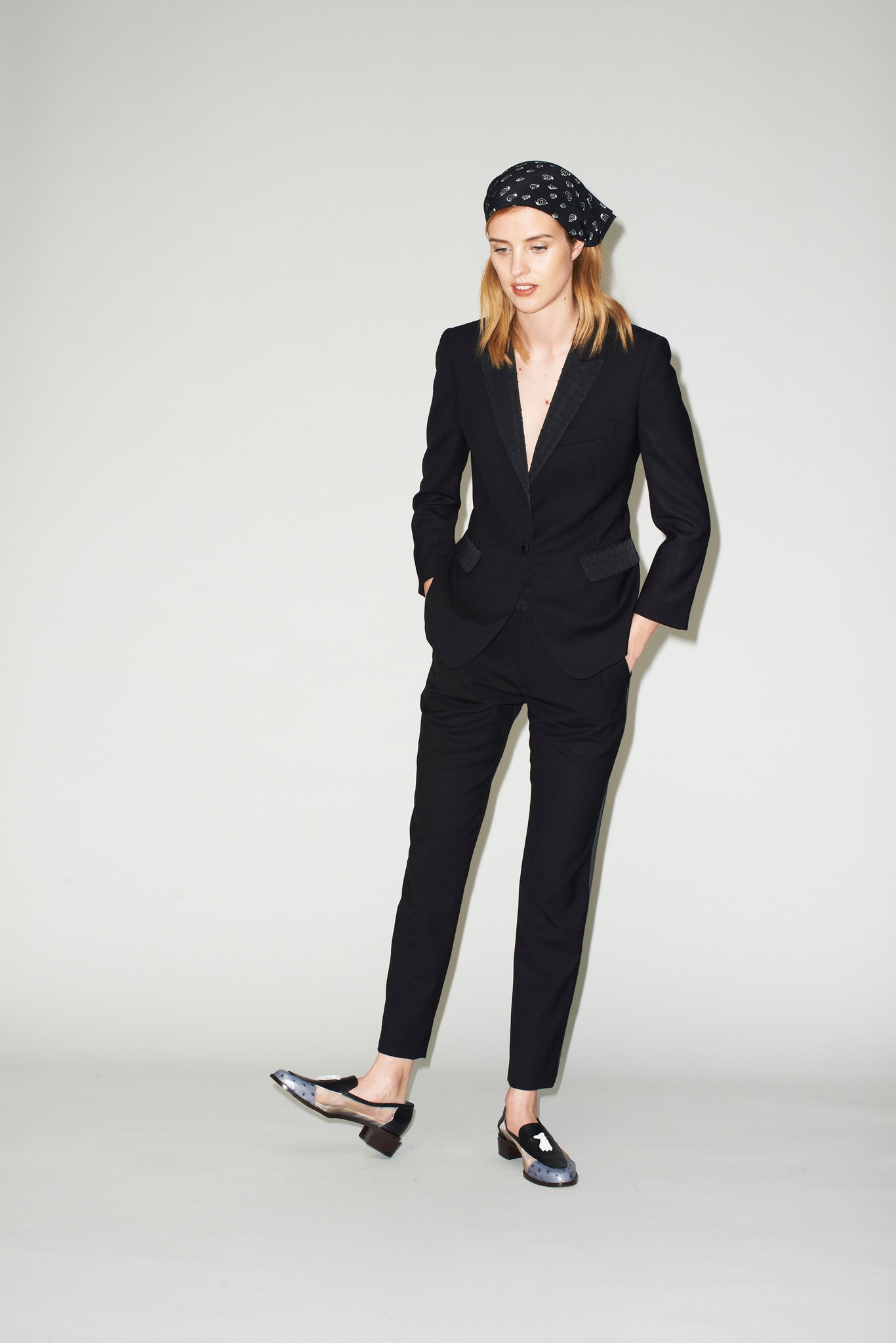 black tailored suit with hat