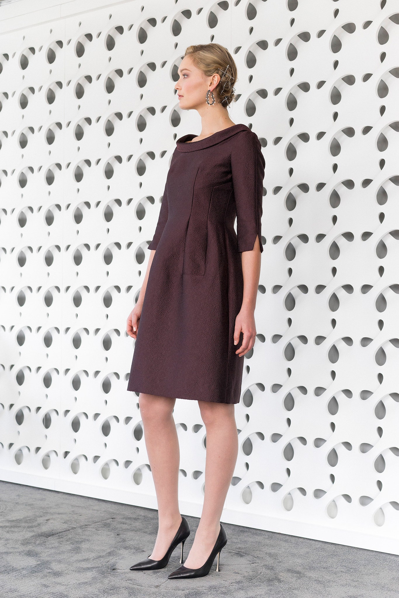maroon silk long-sleeve high-neck fitted structured mini dress