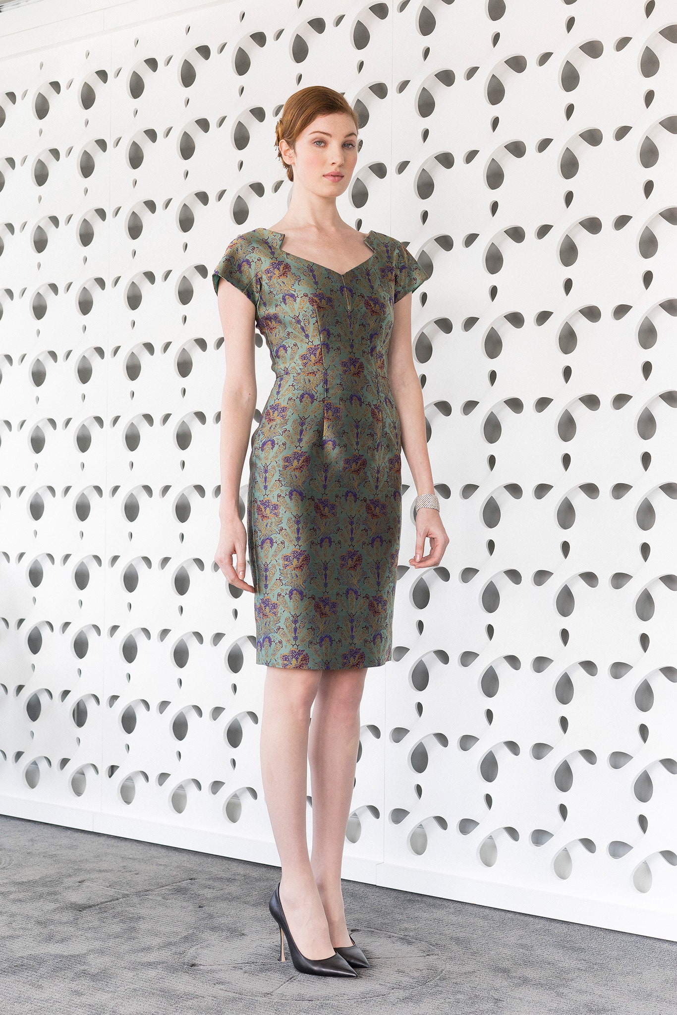 fitted green and purple printed dress