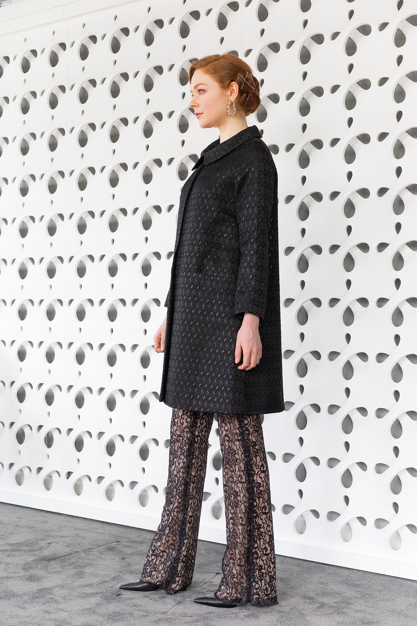 black lace long-sleeve fitted flared sheer pants