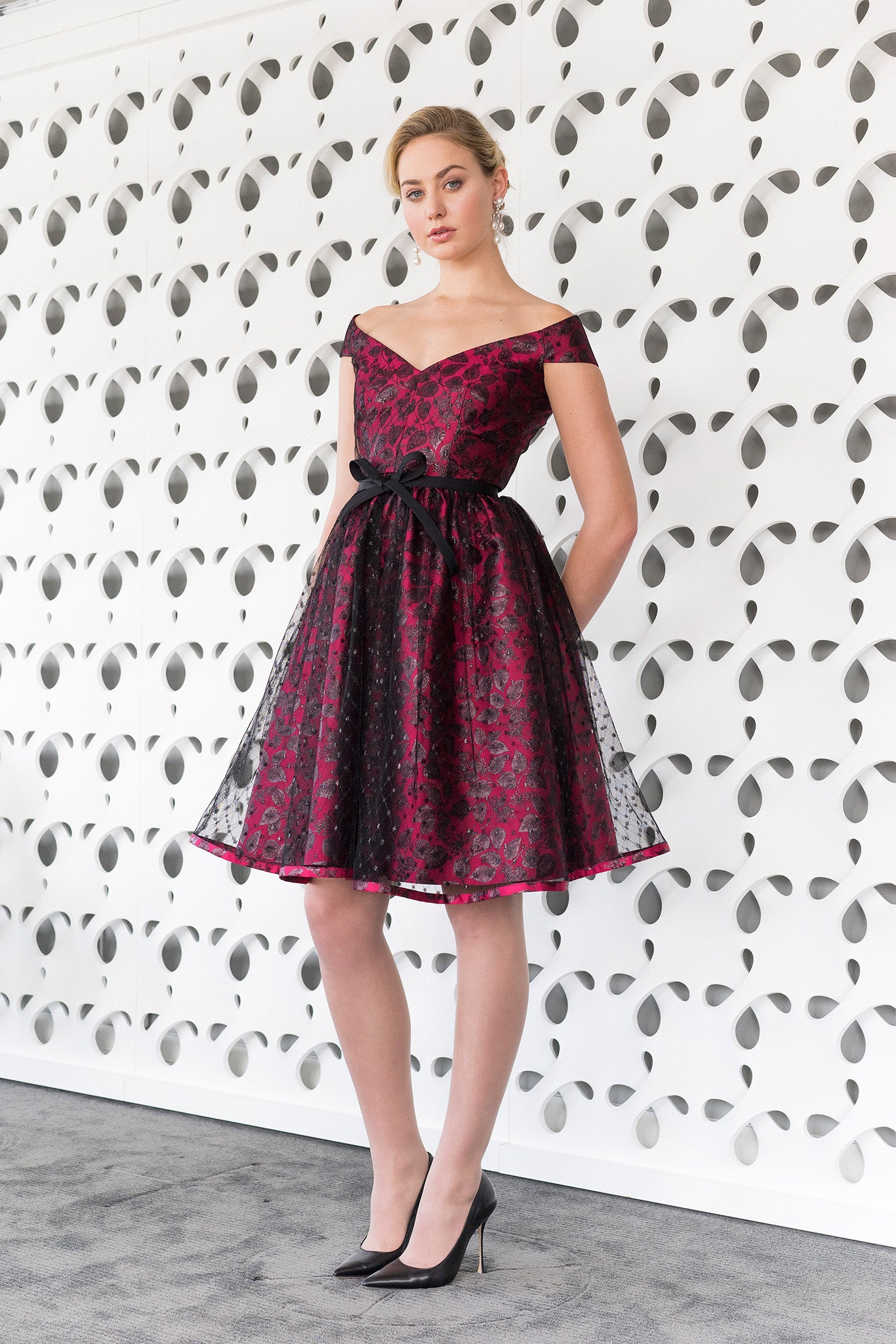 red and black off-shoulder dress