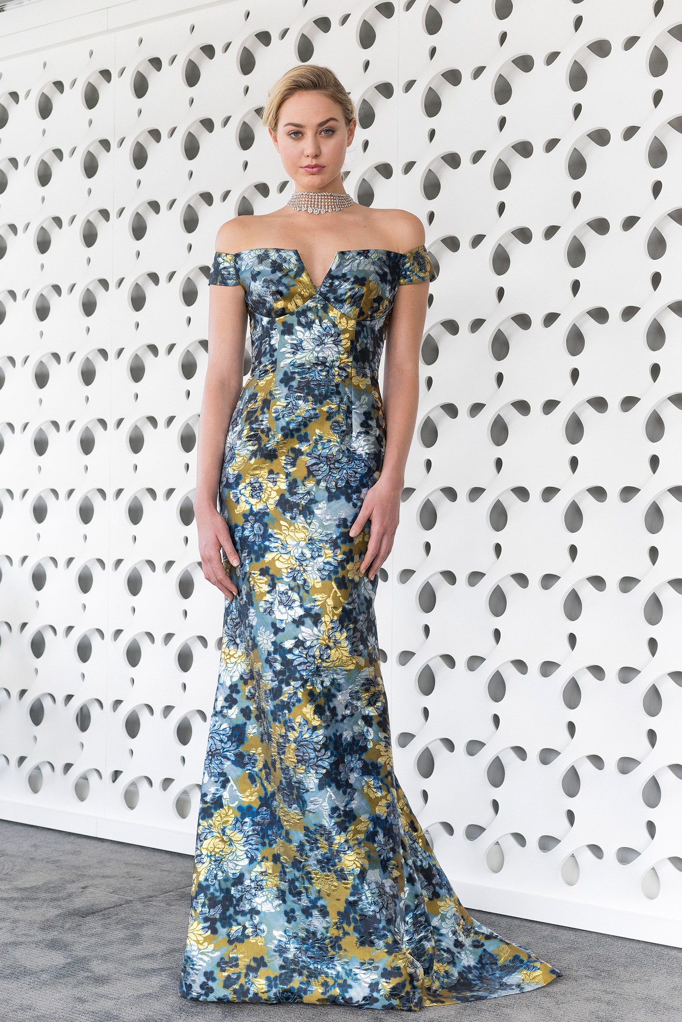blue and yellow floral gown