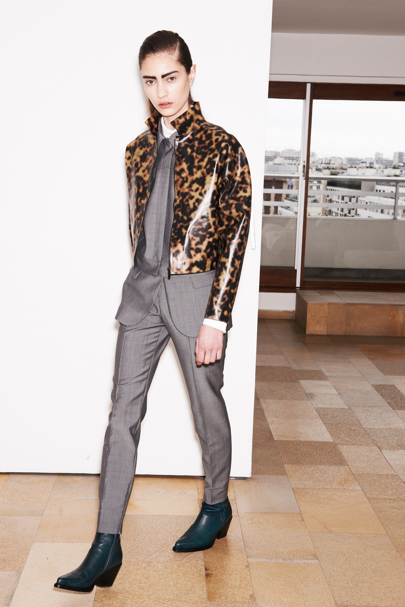 brown leather animal-print jacket with gray suit