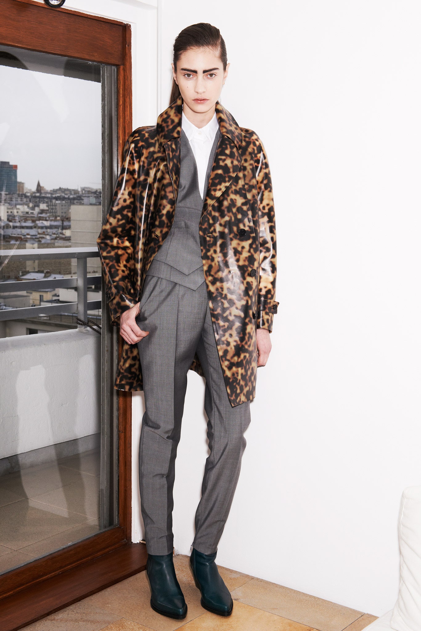 brown animal-print vinyl coat