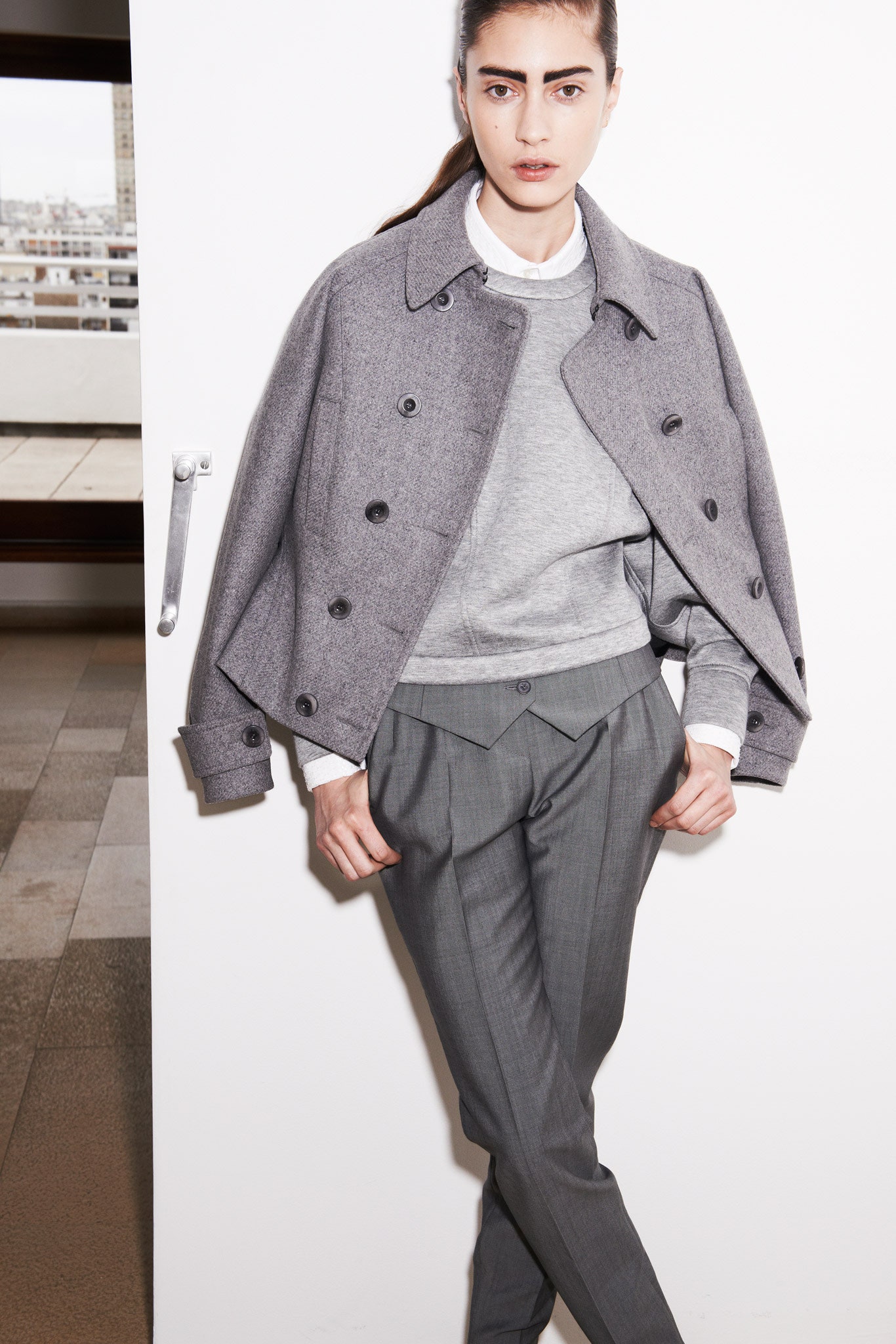 gray wool jacket and tailored pants