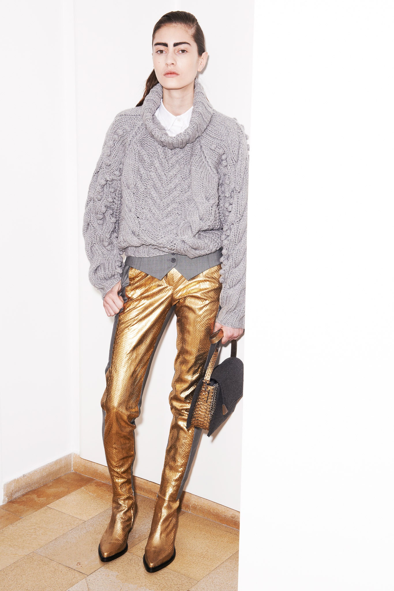 gold metallic fitted straight-leg shiny pants