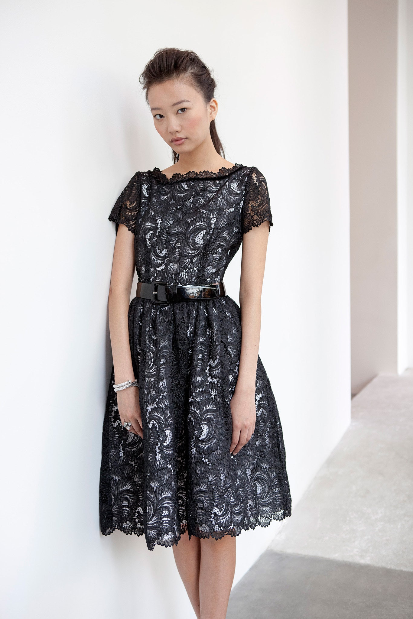 black lace midi dress with belt