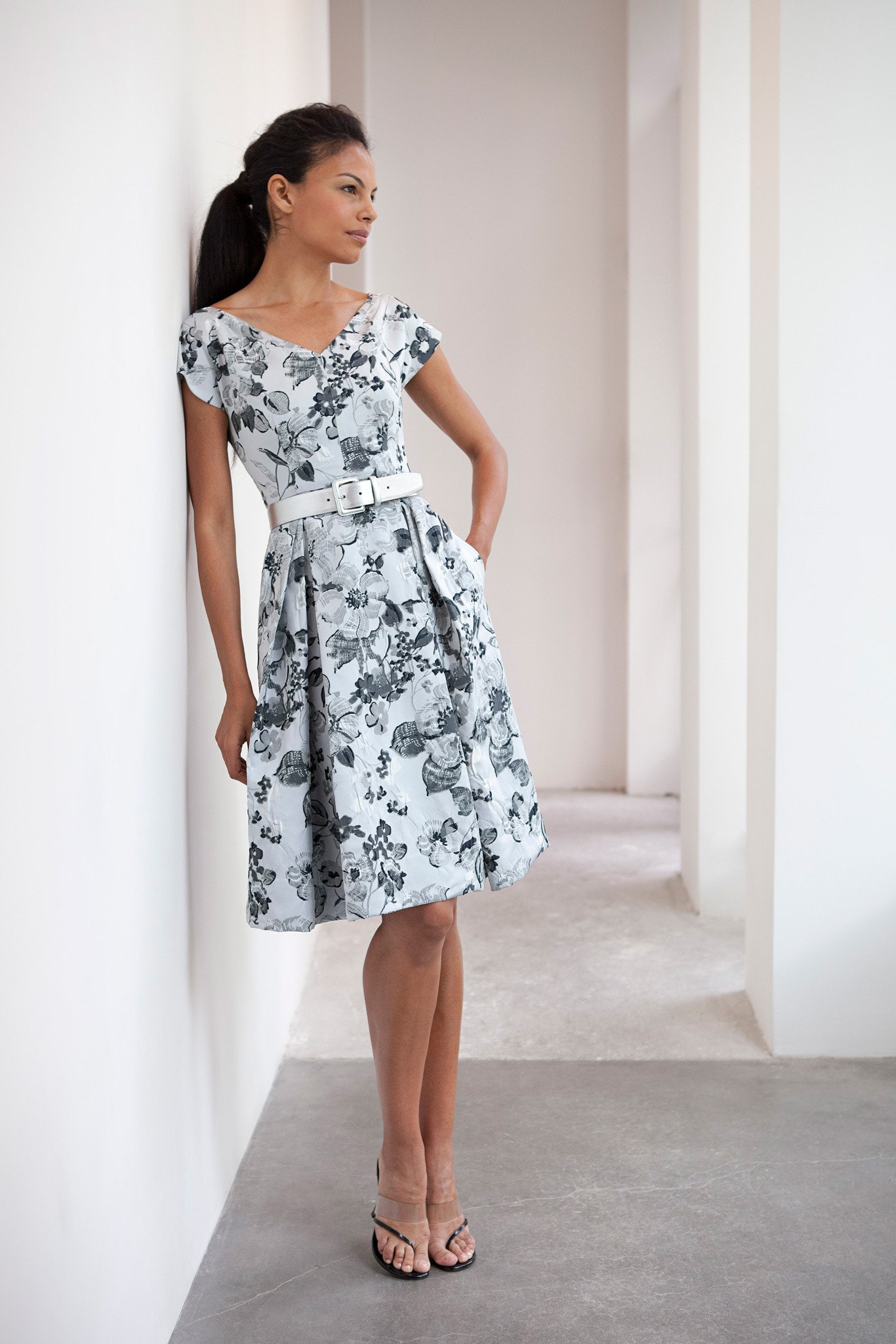 floral midi dress with strappy shoes