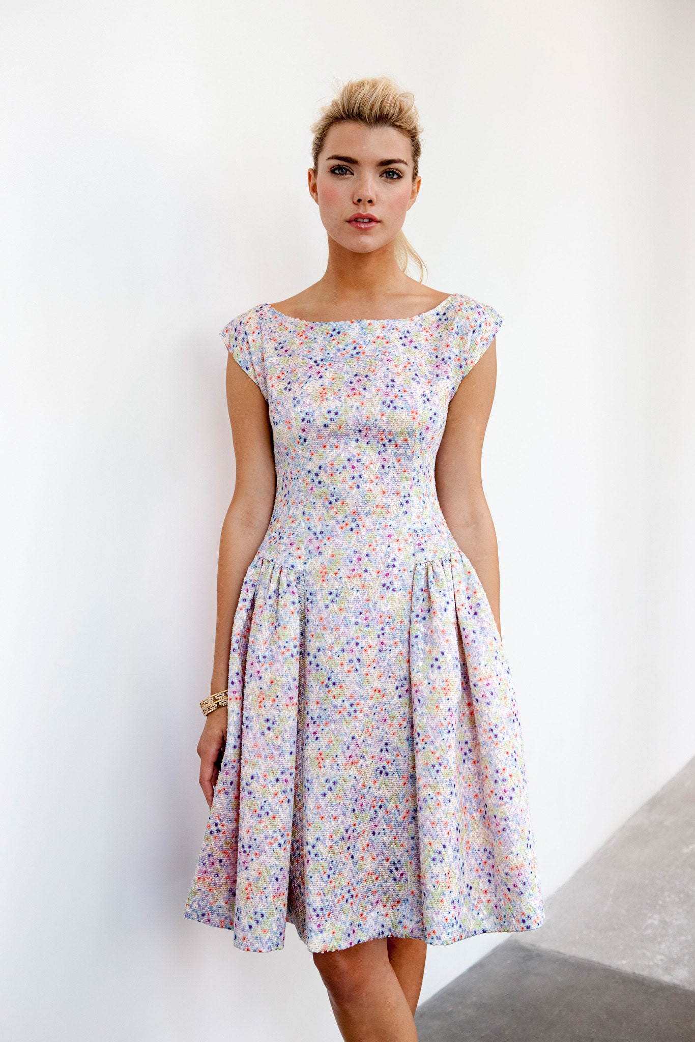 purple pink blue pleated dress