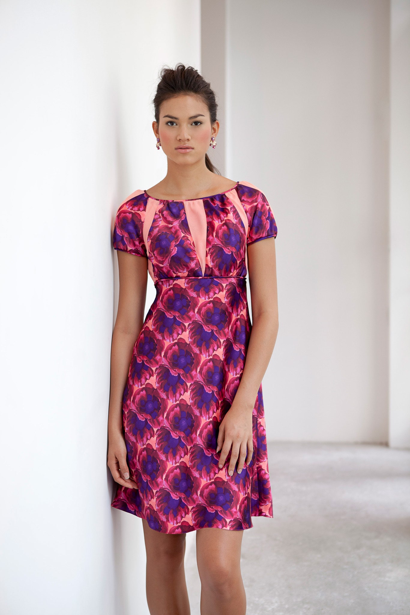fitted pink purple printed dress