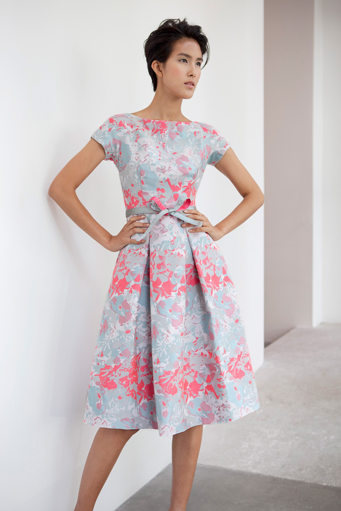 pink and gray pleated midi dress