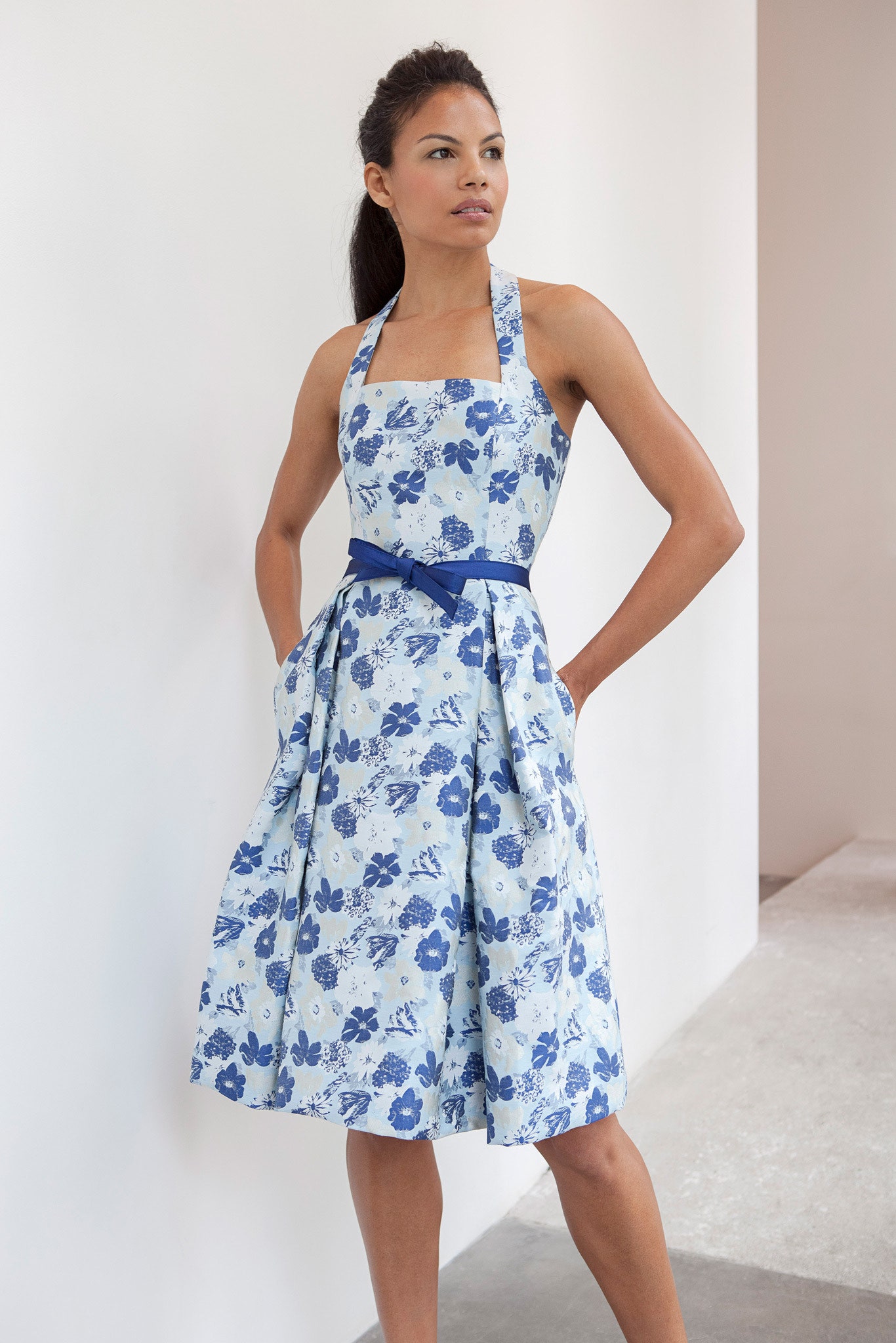 blue and white floral midi dress