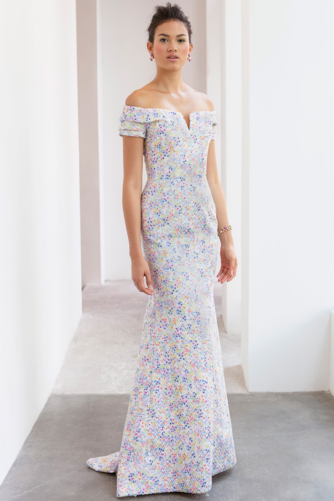 multi-colored off-shoulder gown