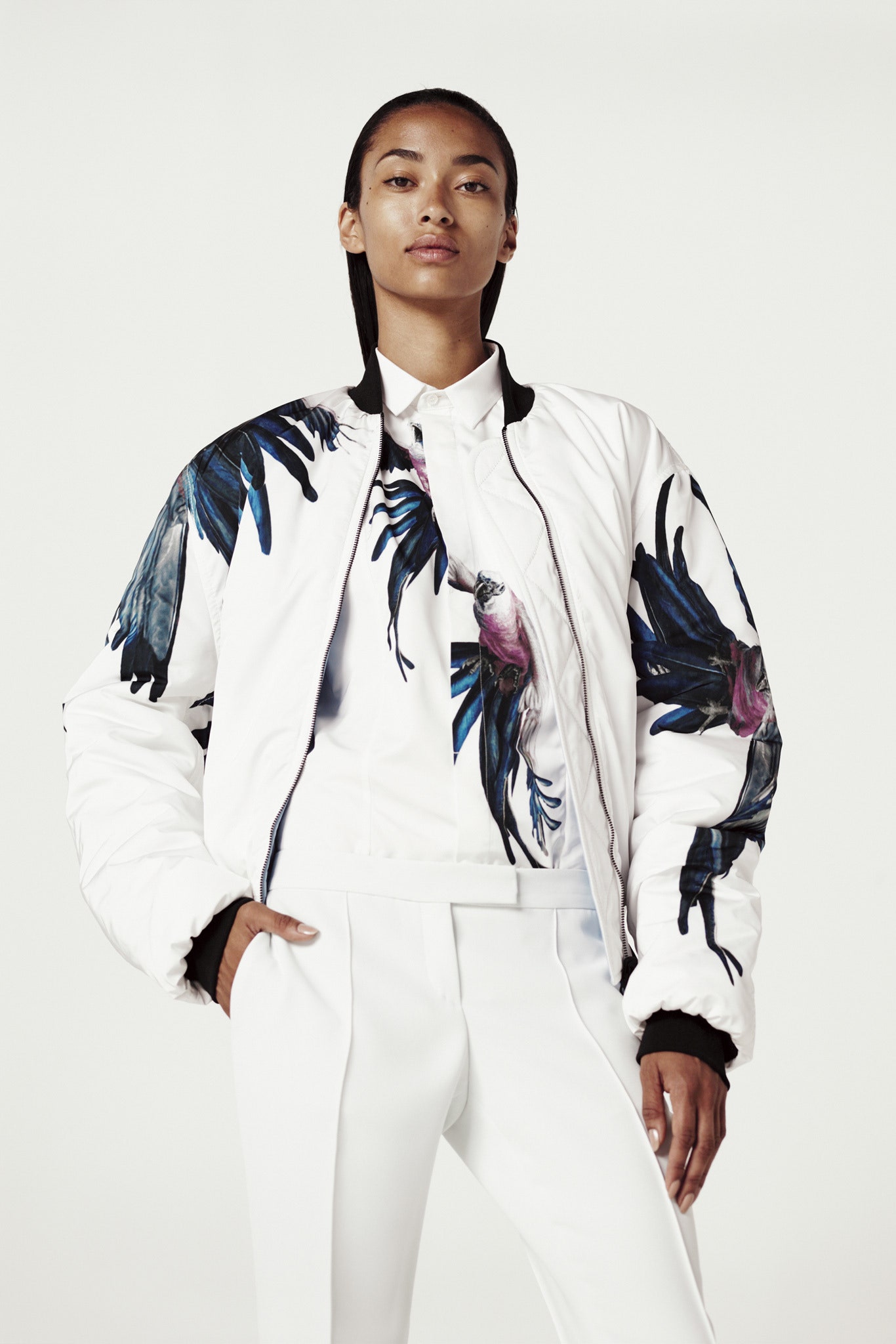 white cotton long-sleeve collared relaxed printed jacket