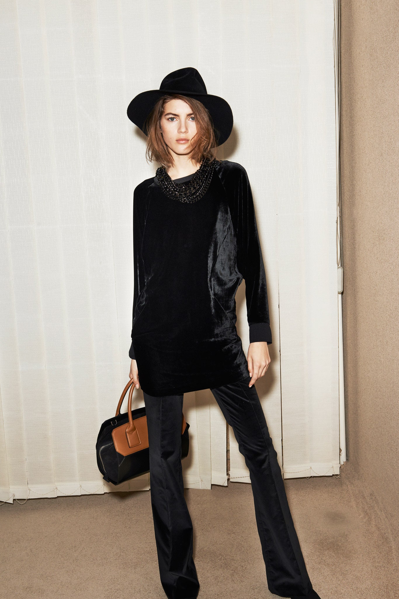 black velvet long-sleeve scoop-neck relaxed layered shiny top