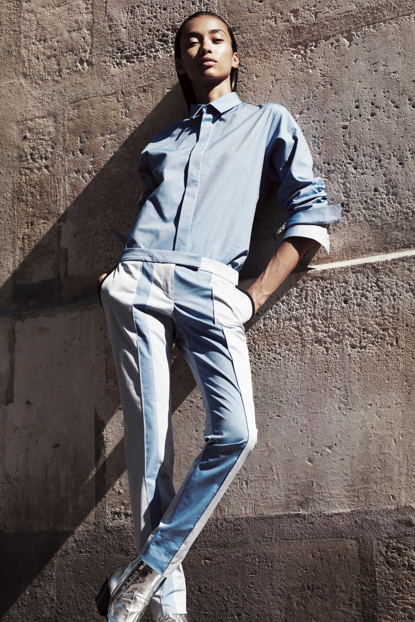 blue cotton shirt and tailored pants