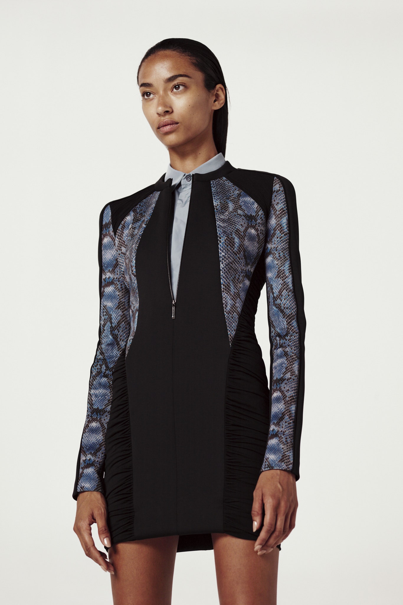 fitted black and blue mini dress