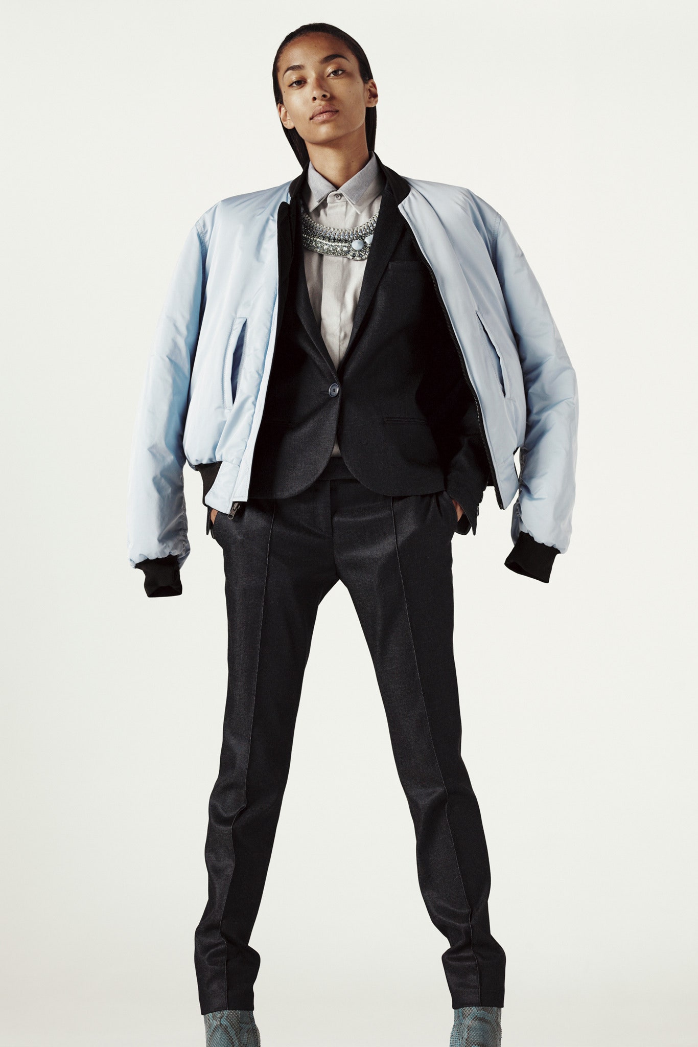 light blue jacket black blazer