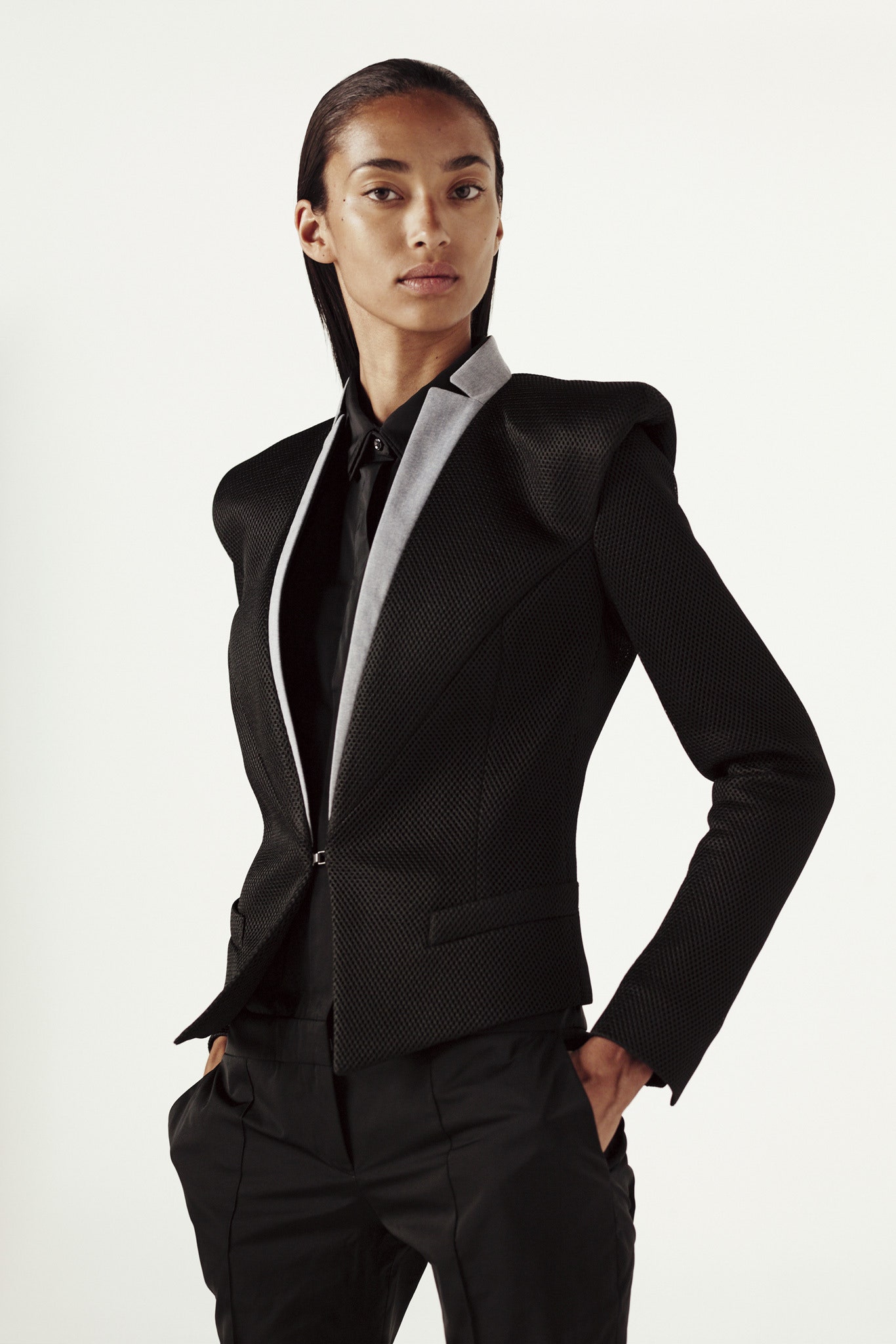 black tailored blazer and shirt