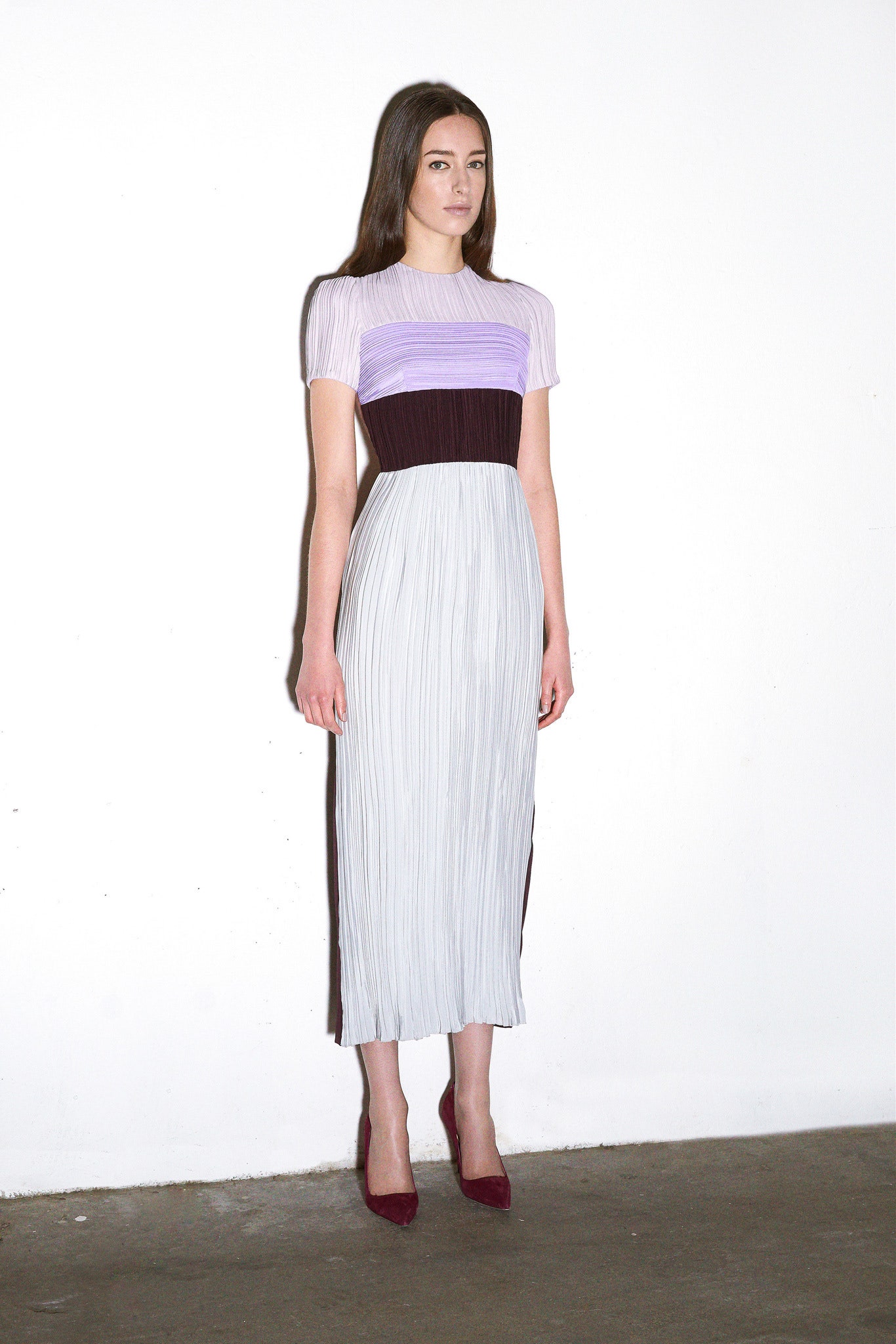 purple black gray pleated dress