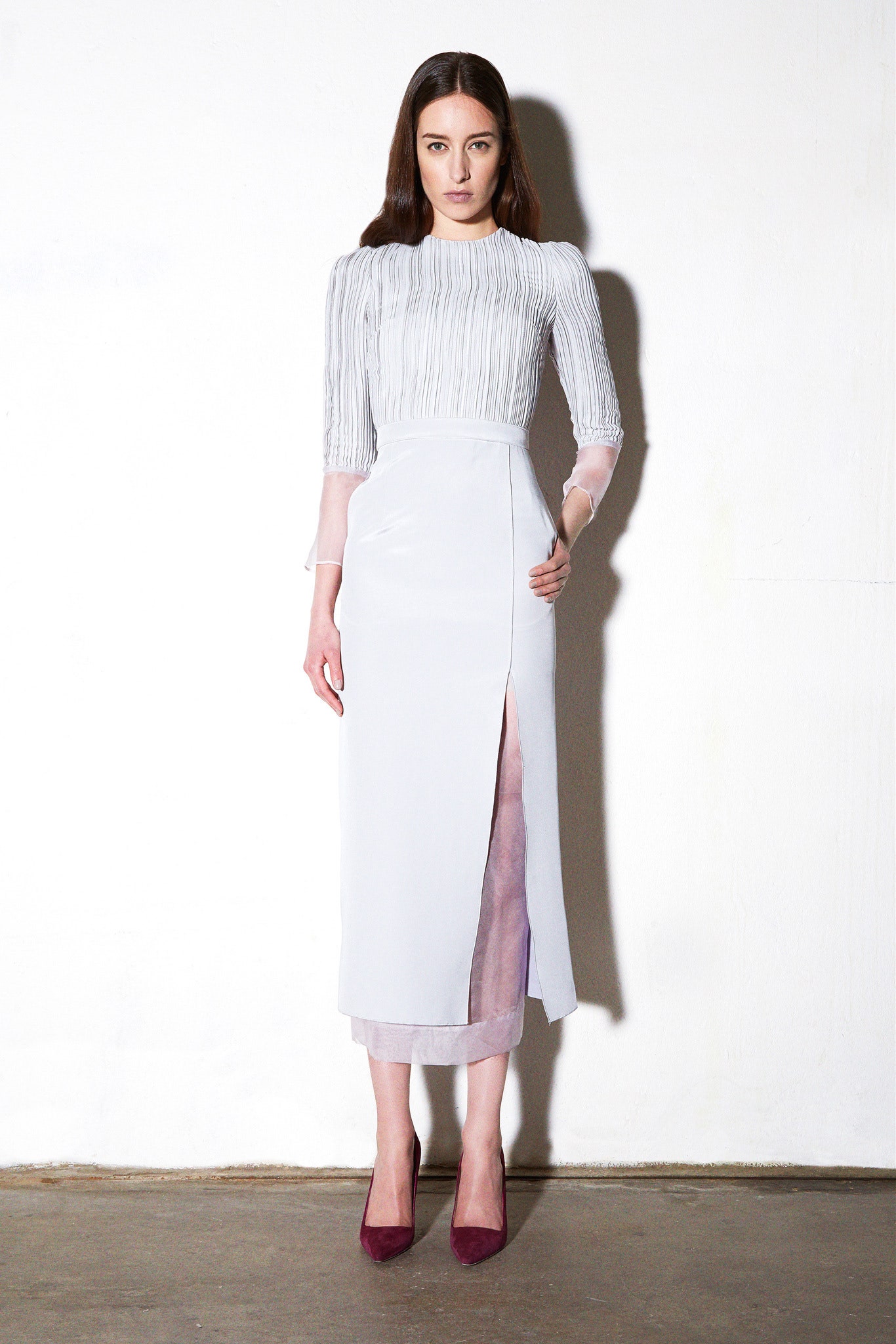 white silk long-sleeve high-neck fitted pleated sheer dress
