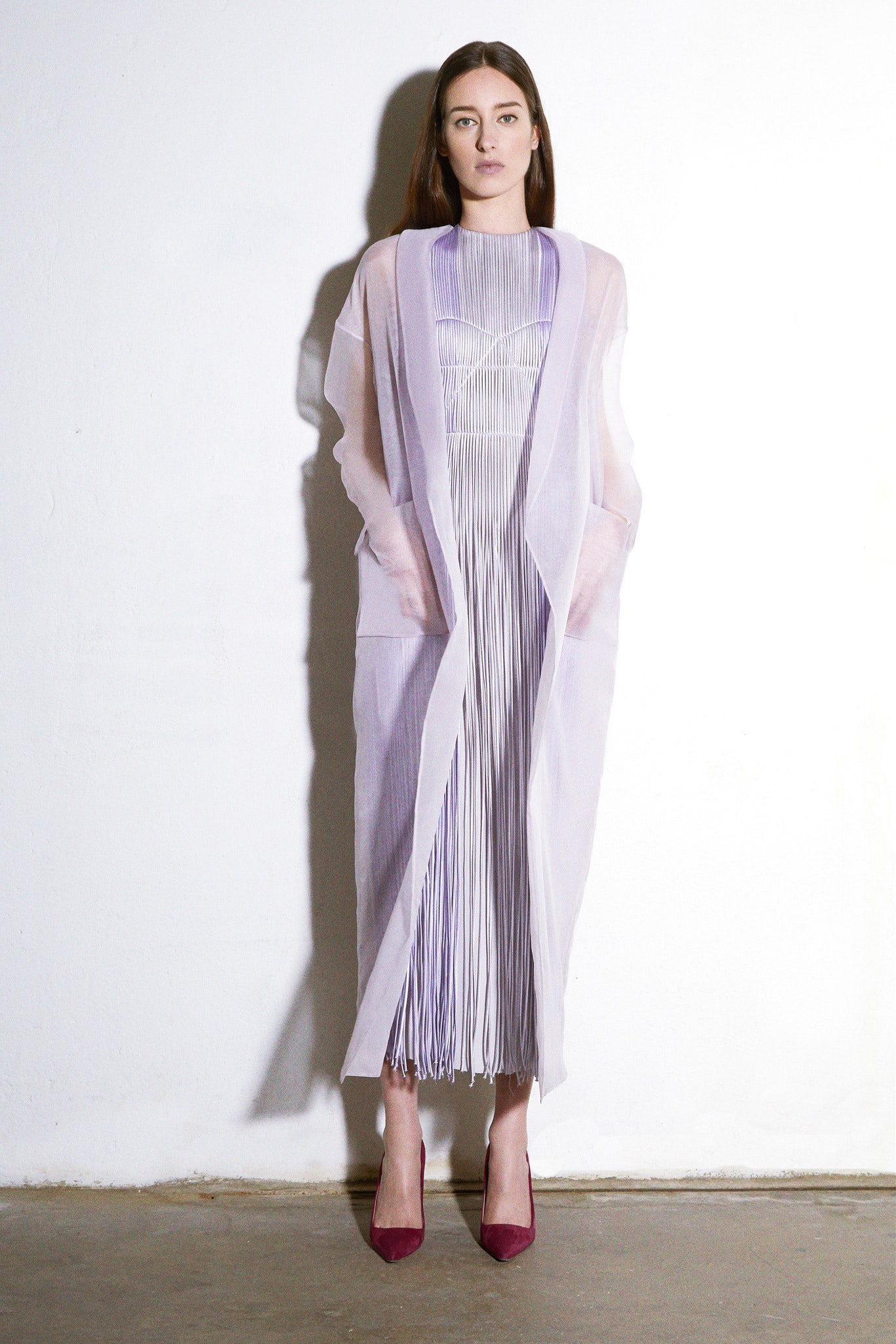 purple silk sleeveless high-neck fitted pleated flowing dress