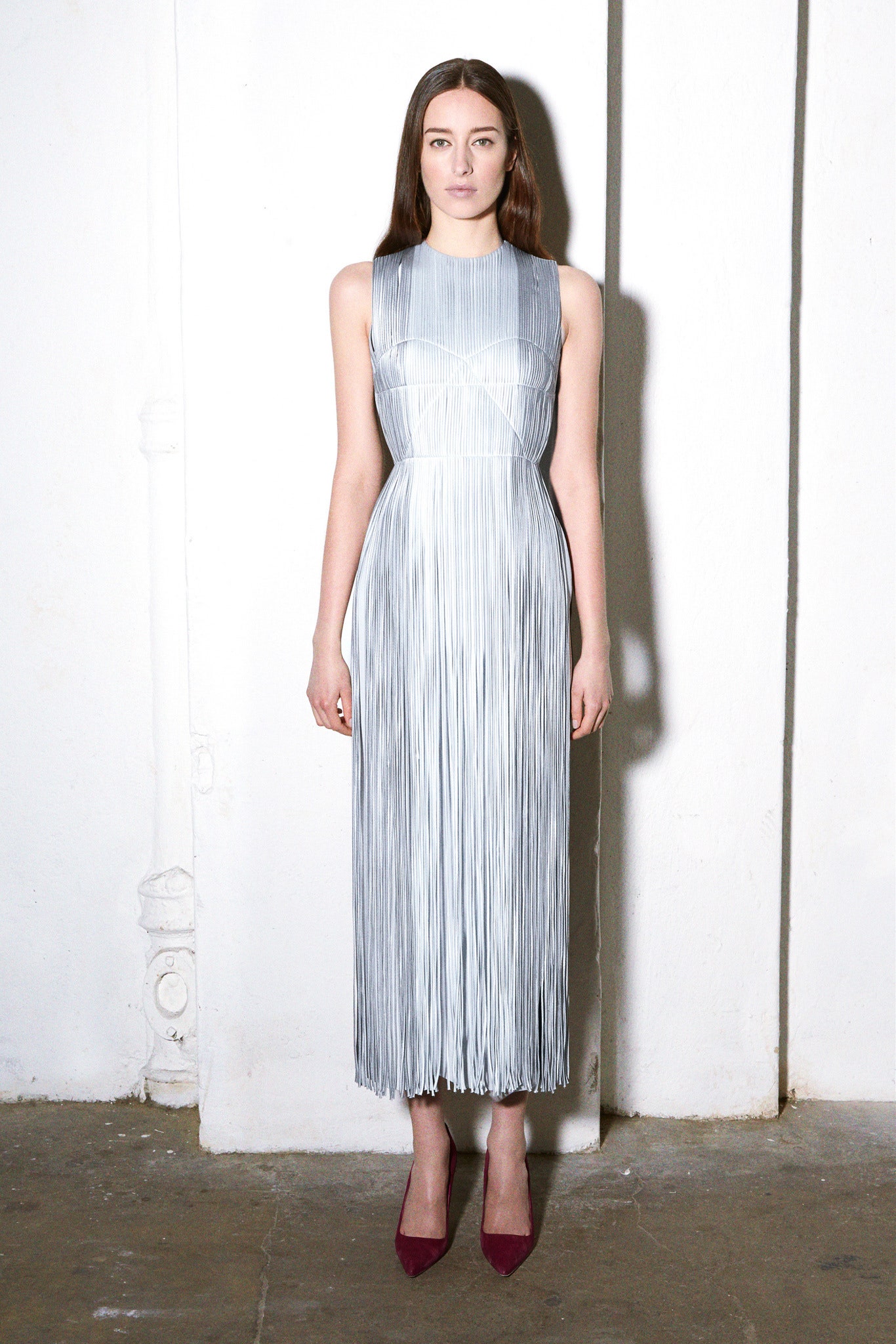 blue silk sleeveless high-neck fitted pleated flowing dress