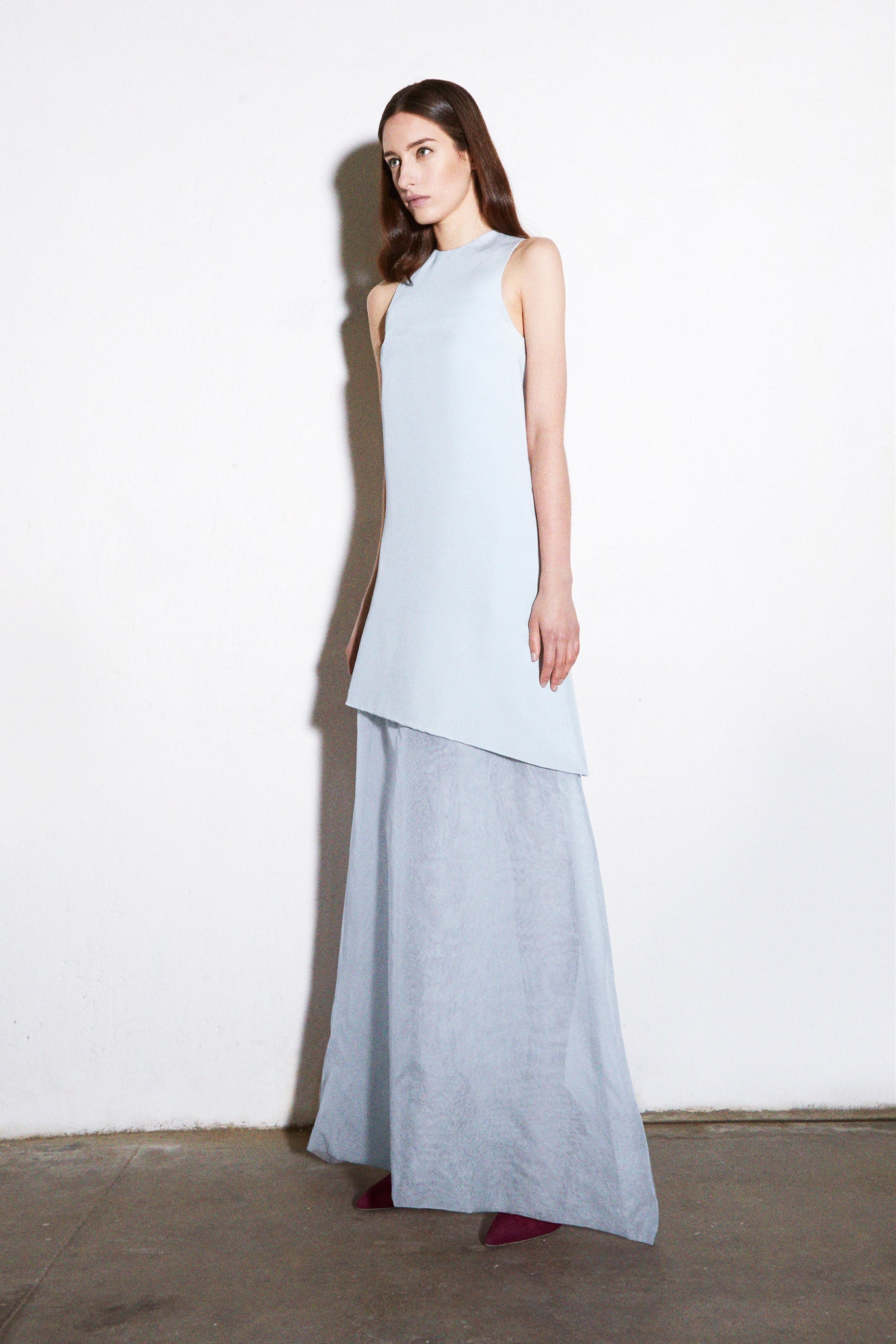 light blue sleeveless asymmetric dress