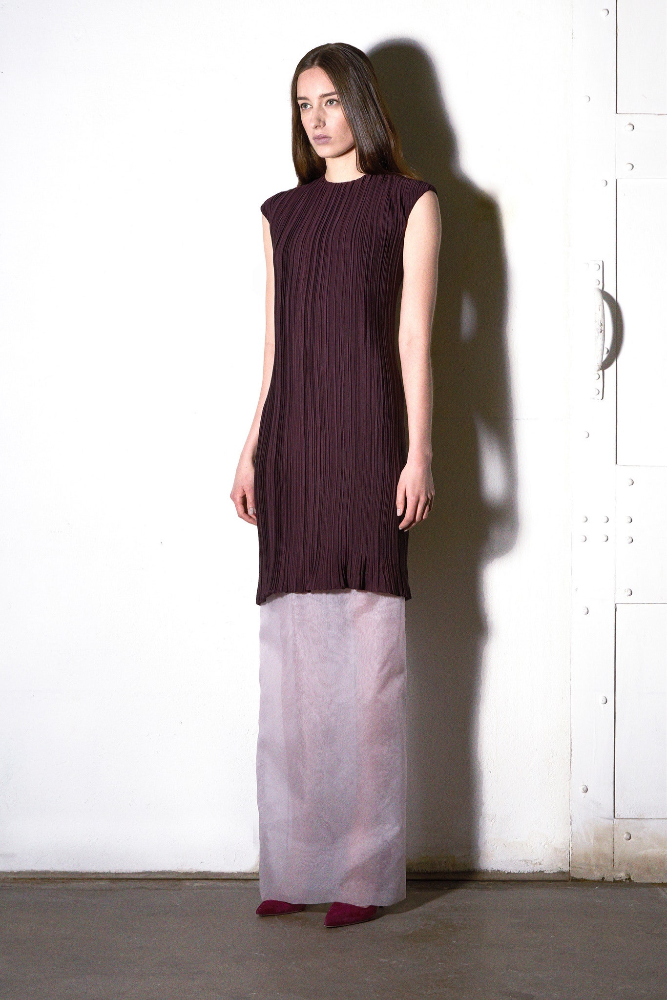 purple pleated maxi dress