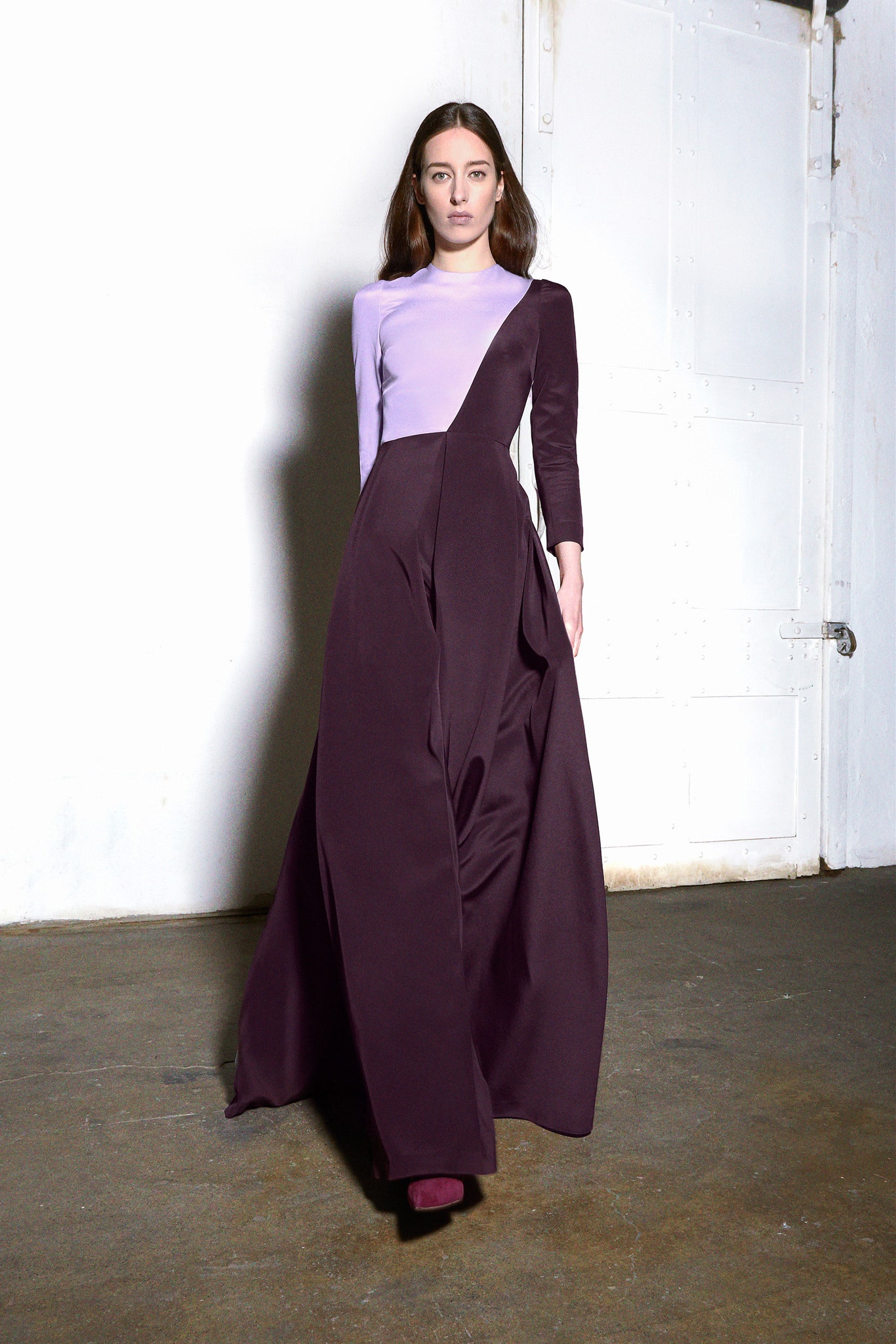 purple and brown asymmetric gown