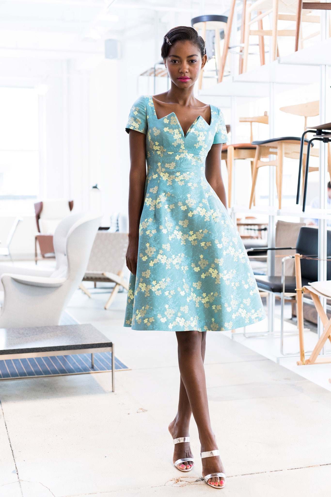 blue floral fitted midi dress
