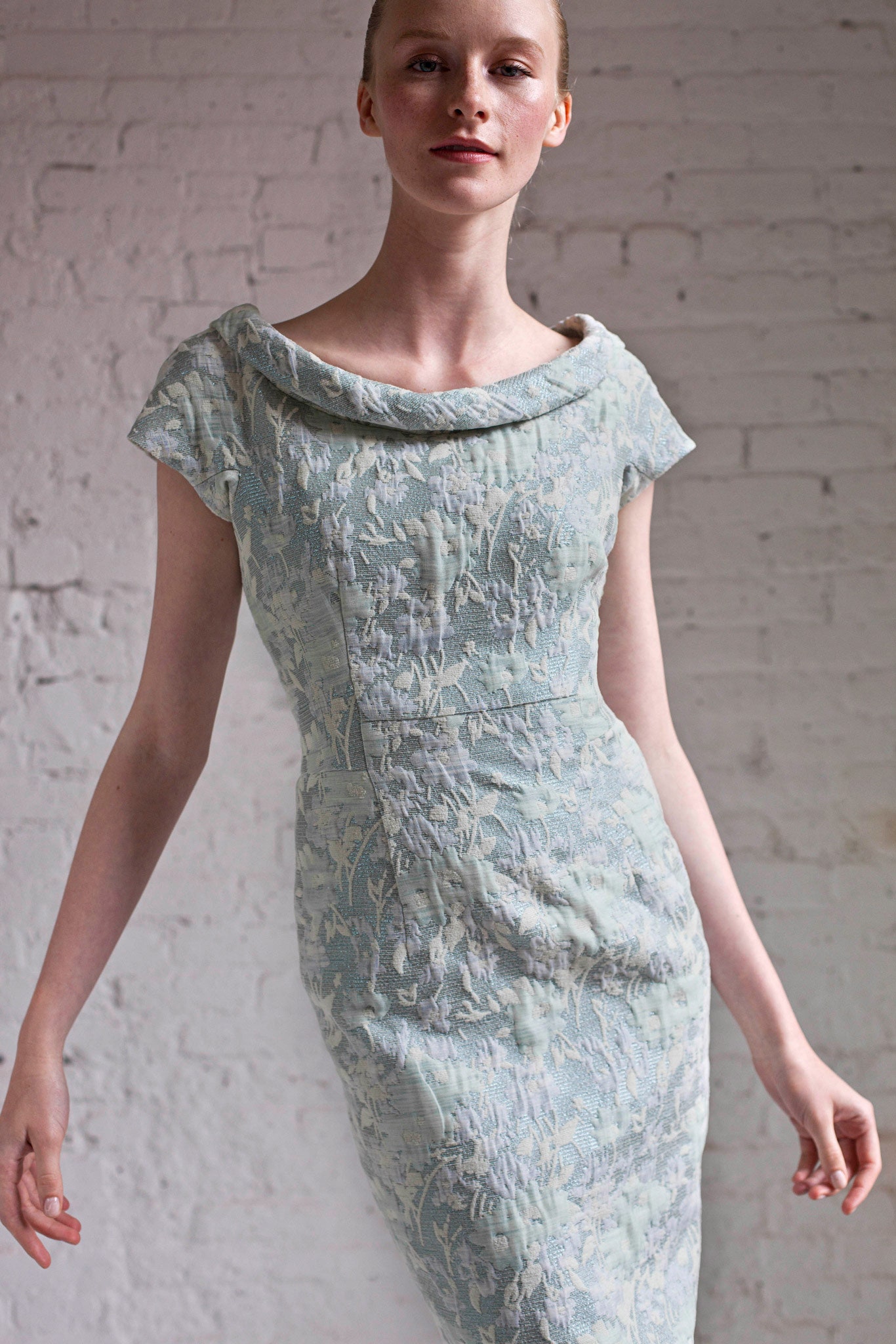 blue and white embroidered dress